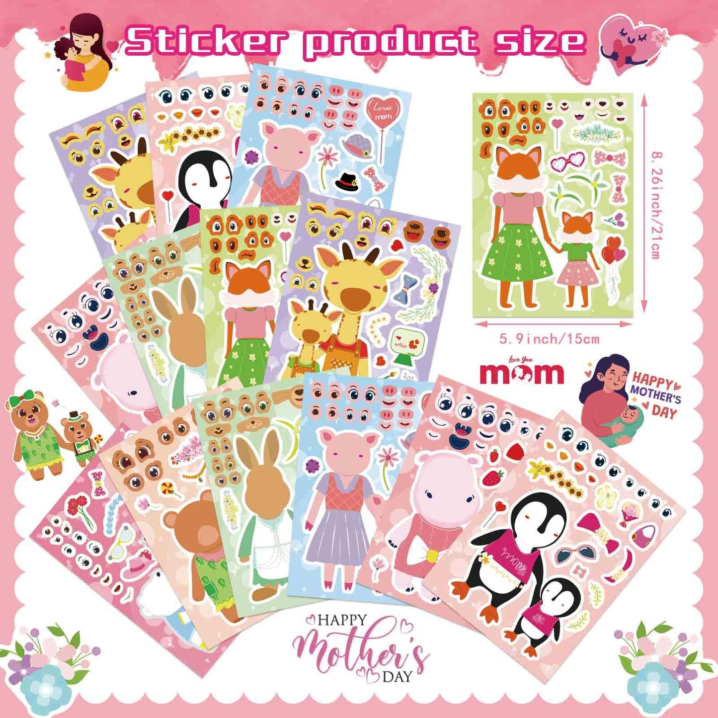 24 Sheets Mothers Day Stickers for Kids, Make Your Own Animal Stickers, Happy Mothers Day Craft Sticker, Love Mom Sticker, Mother' s Day Party Supplies