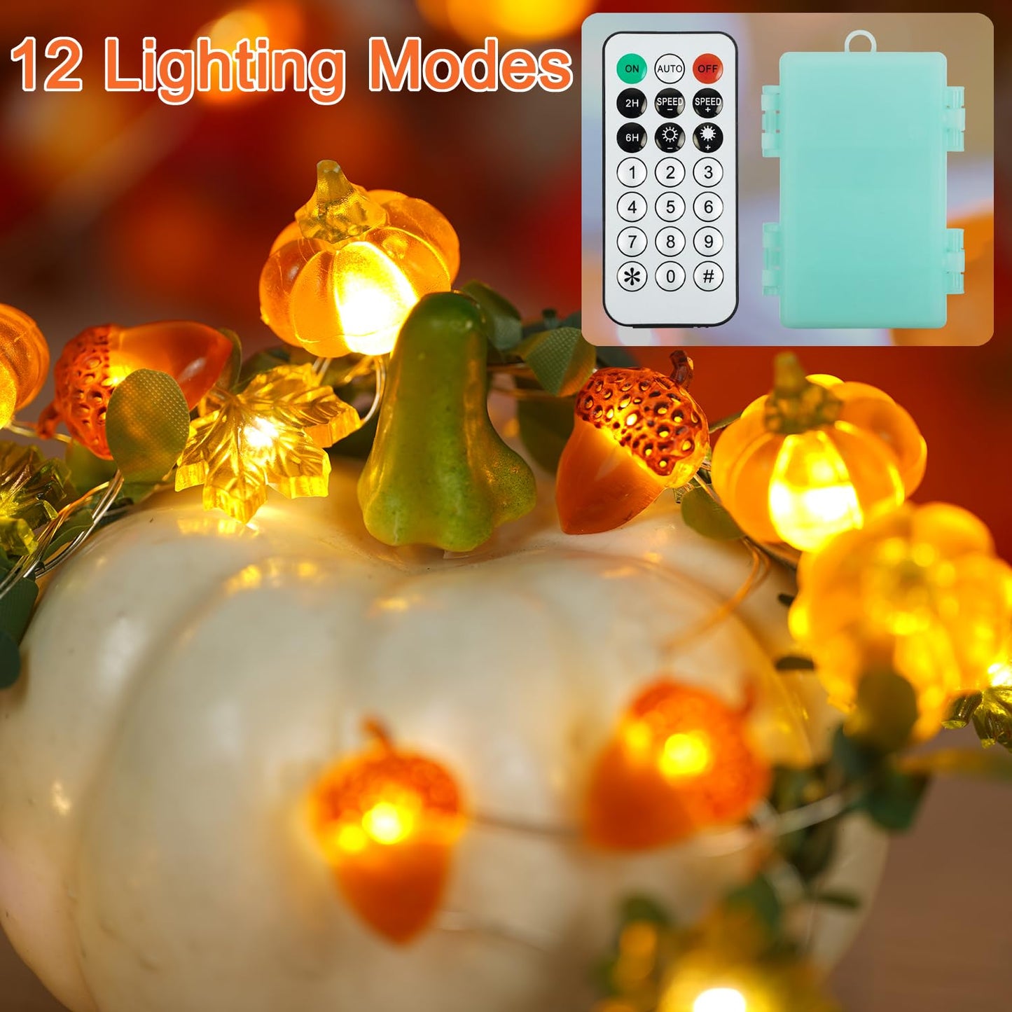 BOHON Thanksgiving Decoration Acorn 3D Pumpkin Maple Leaf String Lights Battery Operated with Remote 10ft 30 LEDs Orange Fall Lights for Home Autumn Garland Harvest Halloween Party Christmas Decor
