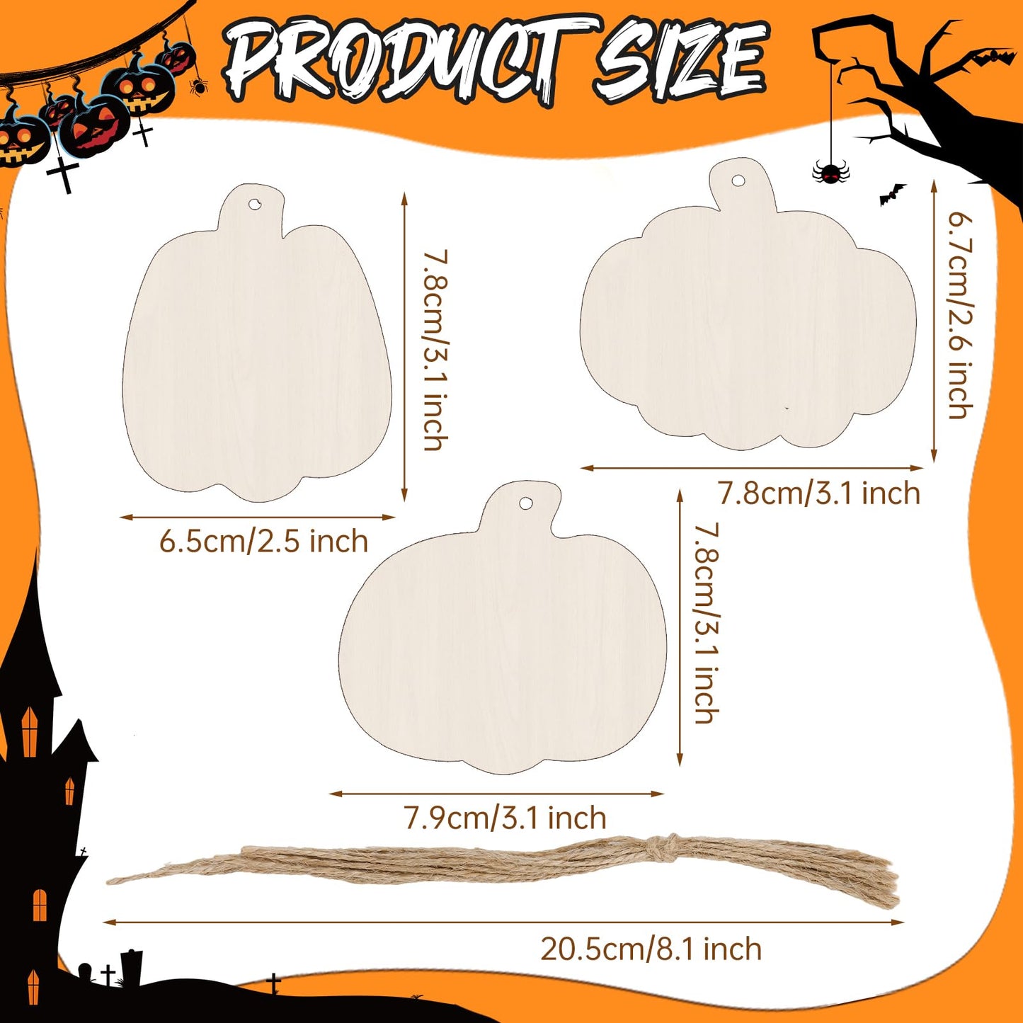 Pumpkin 30Pcs Unfinished Wooden Ornaments Halloween Thanksgiving Autumn Paintable Blank Pumpkin Cutouts Hanging Wood Slices DIY Craft for Kids Art Crafts Party Supplies