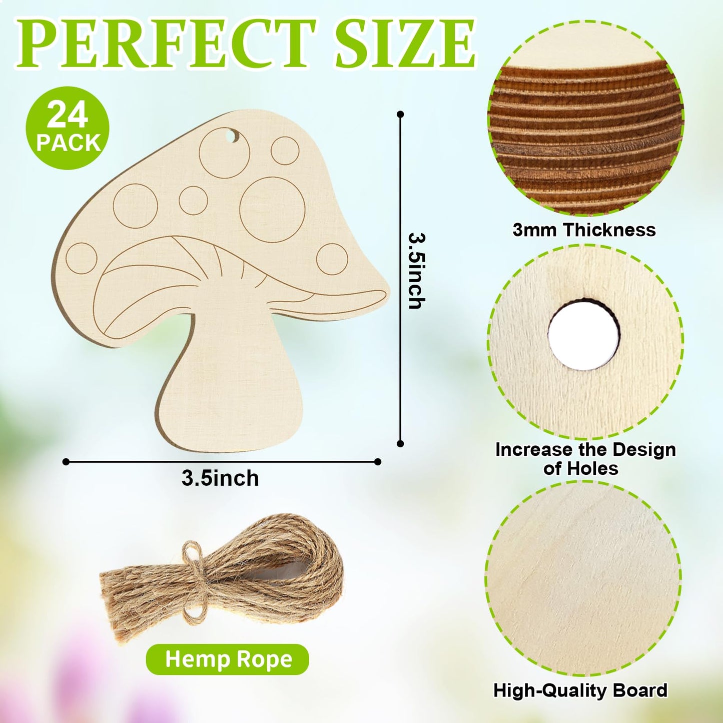 Wooden Spring Ornaments to Paint Mushroom Decoration Cutouts Unfinished 24PCS 3.5 x 3 inches, DIY Blank Unfinished Mushroom Wood Discs Ornament for Home Crafts Hanging Decoration