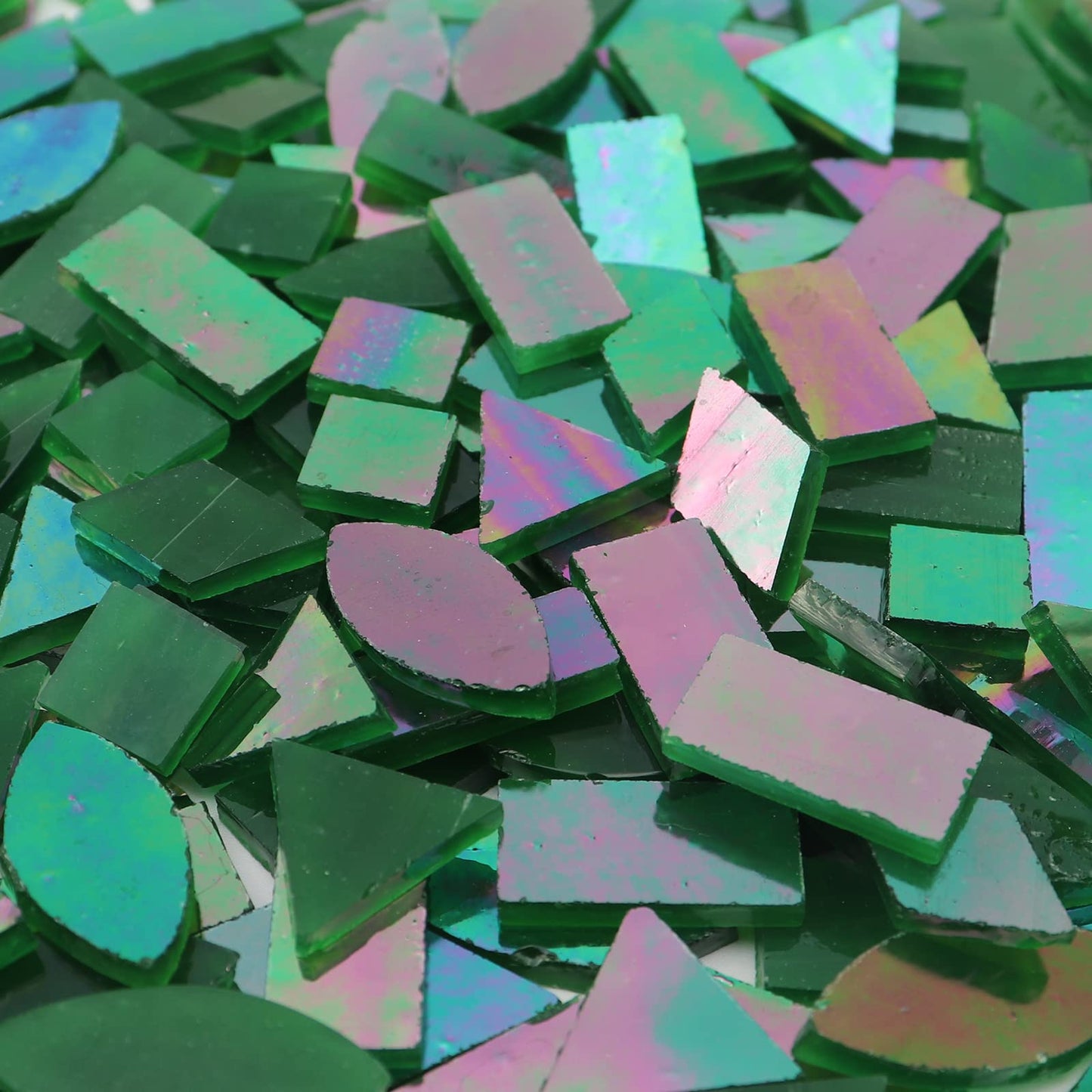LITMIND Iridescent Glass Mosaic Tiles for Crafts, 240 Pieces 5 Shapes Mixed Green Stained Glass Pieces, Mosaic Kits for Adults (Iridescent Green)