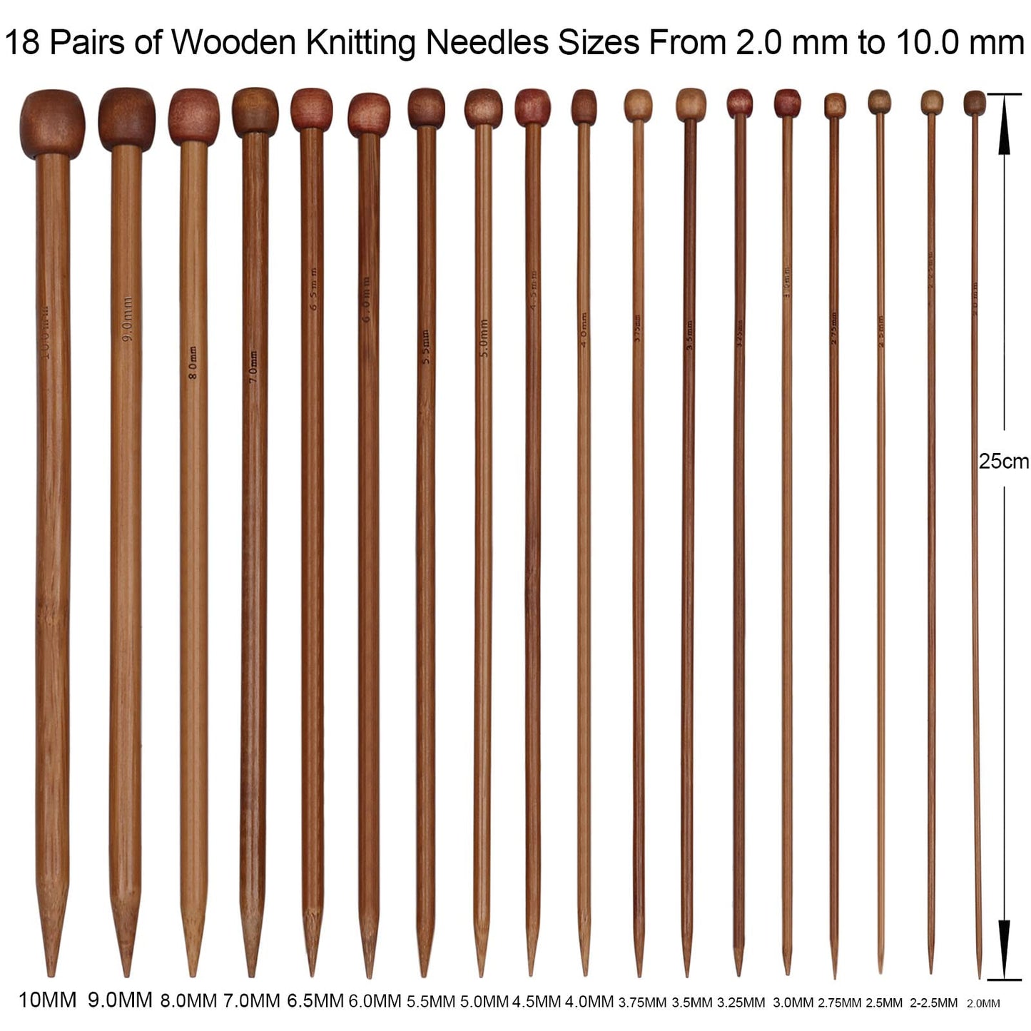 Bamboo Knitting Needles 18 Pairs Knitting Needles Set - 10 Inches Wooden Knitting Needle Single Point Knitting Needles with Roll Bag - Portable Knitting Needle Set for Beginners (2mm - 10mm)