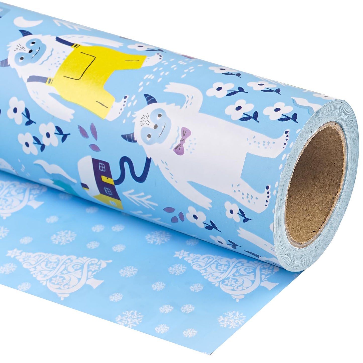 Reversible Christmas Wrapping Paper - Mini Roll - 17 Inch x 33 Feet - Winter Snow Monster and Christmas Tree Wrapping Paper for Xmas Holiday, Party Celebration