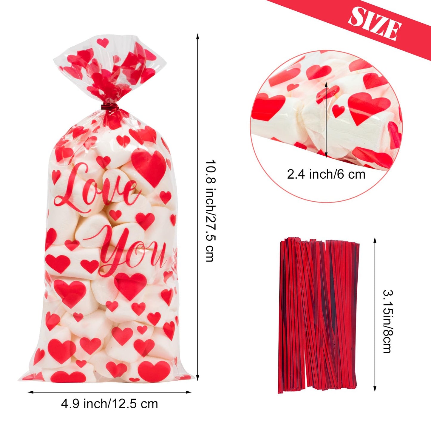 100 Pcs Valentine Treat Bags - Red Heart Cellophane Goodie Bags, Clear Plastic Happy Valentine's Day Cello Candy Gift Bag With Twist Ties for Wedding Anniversary Party Favors Supplies
