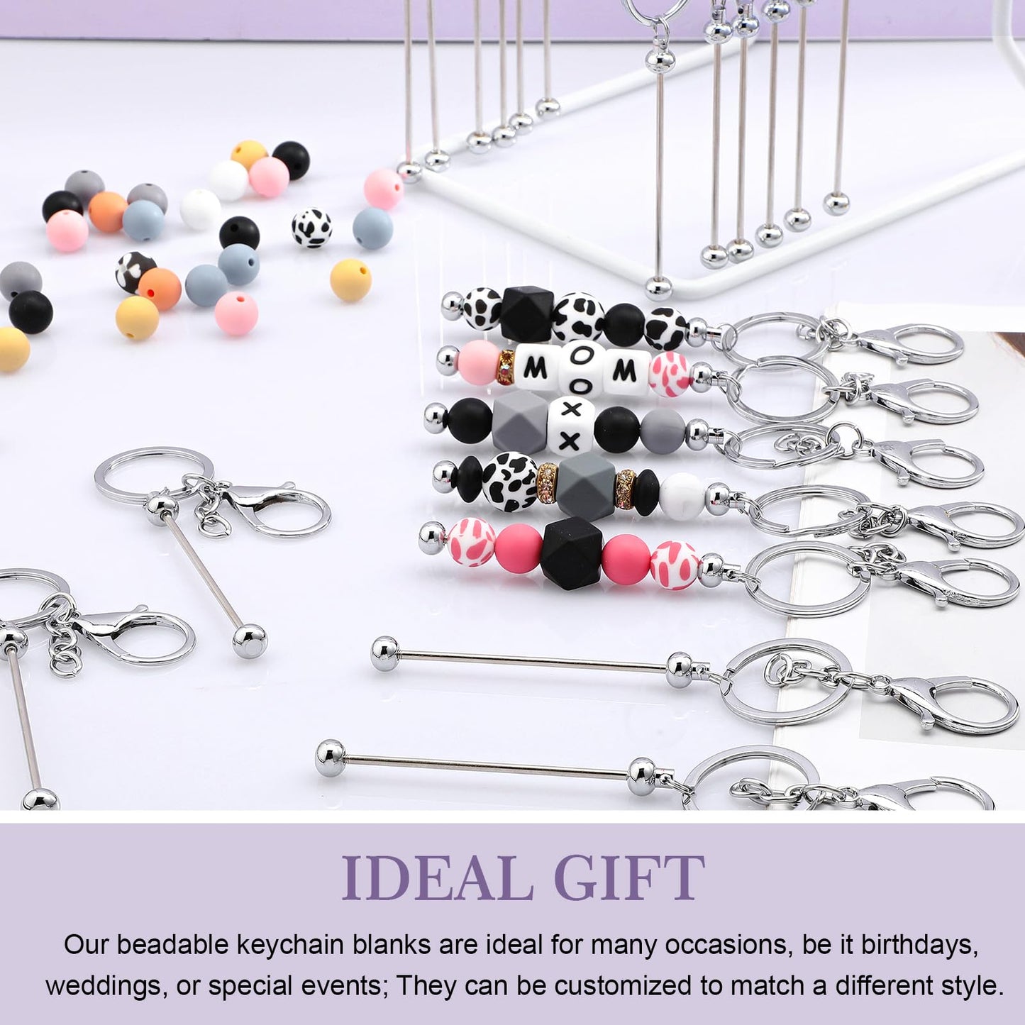 Tondiamo 24 Pcs Beadable Keychain Bars Bulk Beads for Keychain Making Kit Gifts for Women Men DIY Crafts(Silver)
