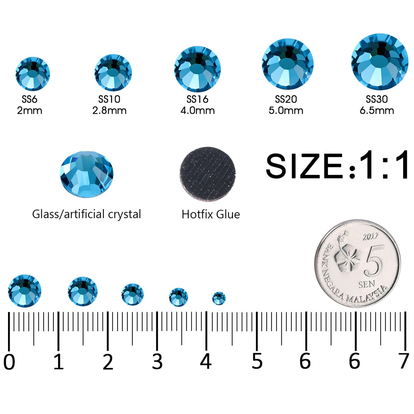 MEIBITE 6796PCS Blue Zircon Hotfix Rhinestones Crystal Stones Glass for Fabric Clothes Shirts Sparkly Flat Back Round with Tweezers and Picking Pen (SS6~SS30 Set)