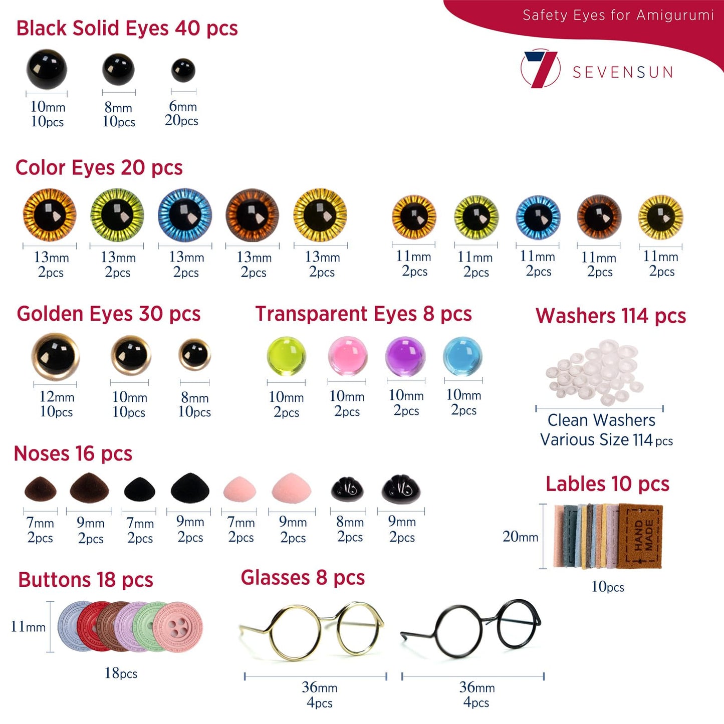 Safety Eyes for Amigurumi 264 PCS, Crochet Glasses Noses and Buttons, Various Designed Crochet Accessories, Stuffed Crochet Eyes with Washers, Craft Doll Eyes and Nose
