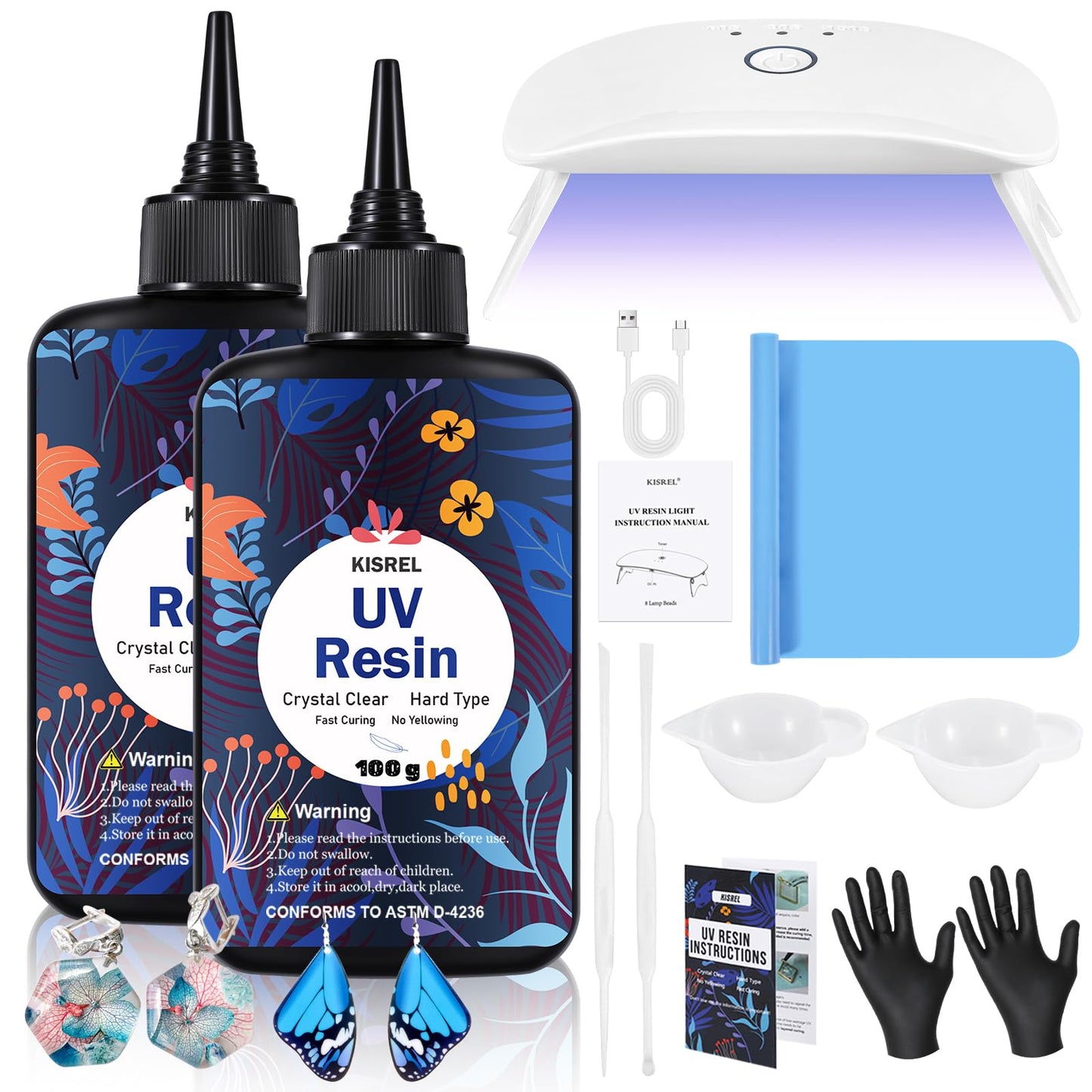 UV Resin with Light - 200g Upgraded Hard Type Crystal Clear Ultraviolet Curing UV Resin Kit, 8 Lamp Beads UV Light, Resin Kit with Light for Craft Jewelry Making