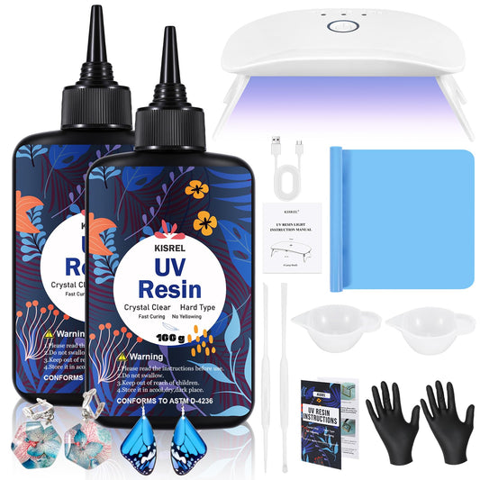 UV Resin with Light - 200g Upgraded Hard Type Crystal Clear Ultraviolet Curing UV Resin Kit, 8 Lamp Beads UV Light, Resin Kit with Light for Craft Jewelry Making