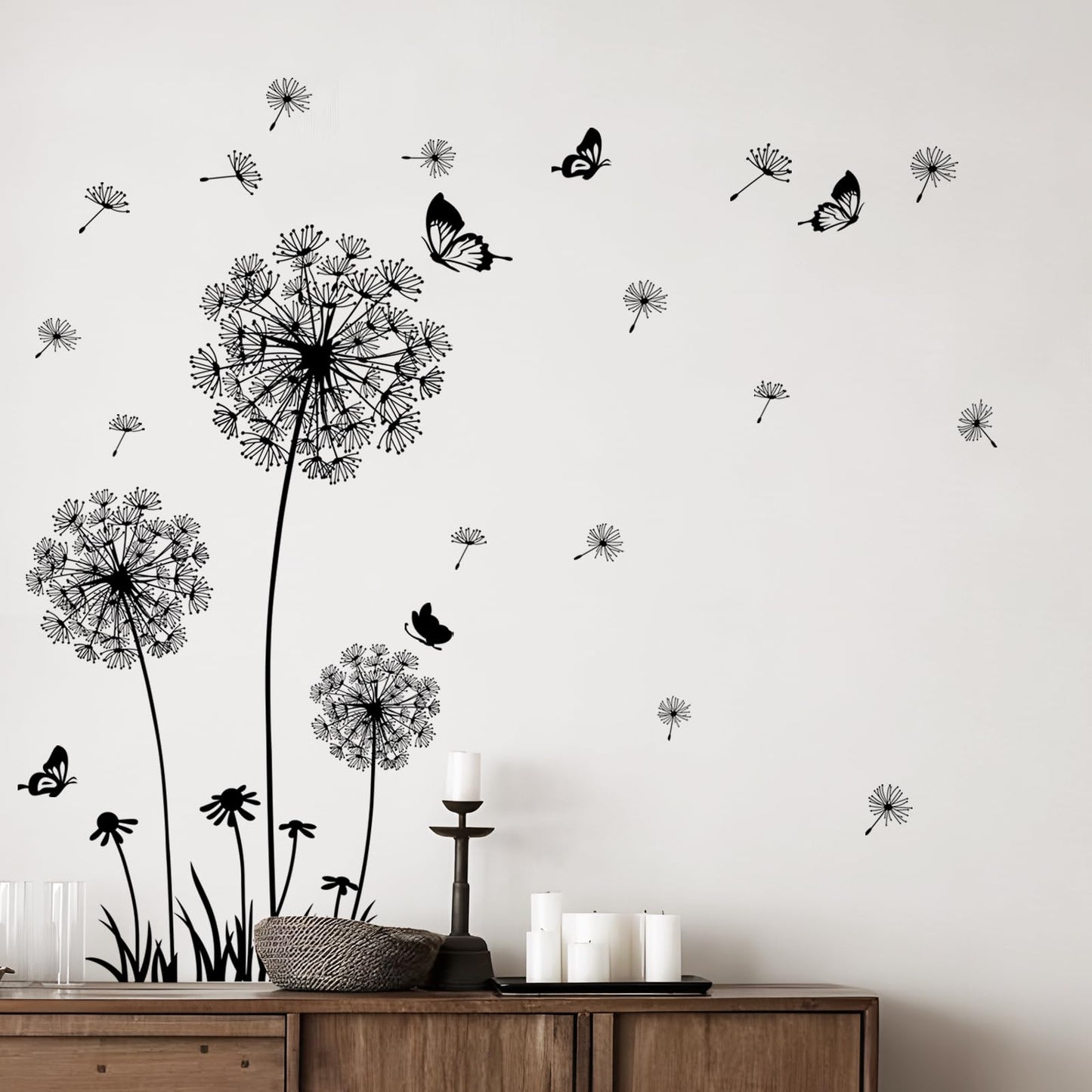 Supzone Dandelion Wall Stickers Flower Wall Decals Butterflies Flying Wall Decors Art Stickers for Bedroom Living Room Sofa Backdrop TV Wall Decor (White Black)