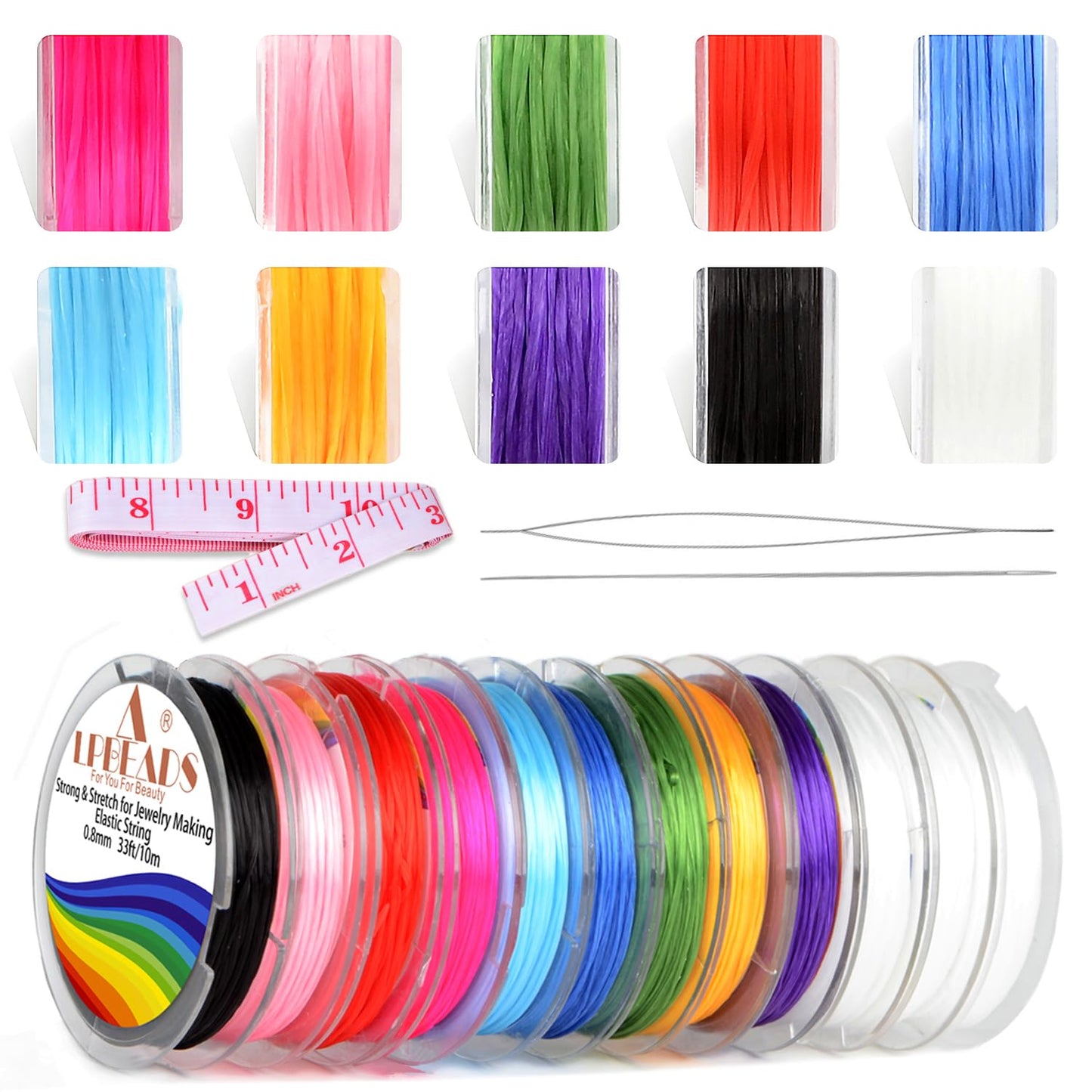 LPBeads 12 Rolls 0.8mm Elastic Stretchy String Cord for Bracelet Jewelry Making with Beading Needles and Ruler