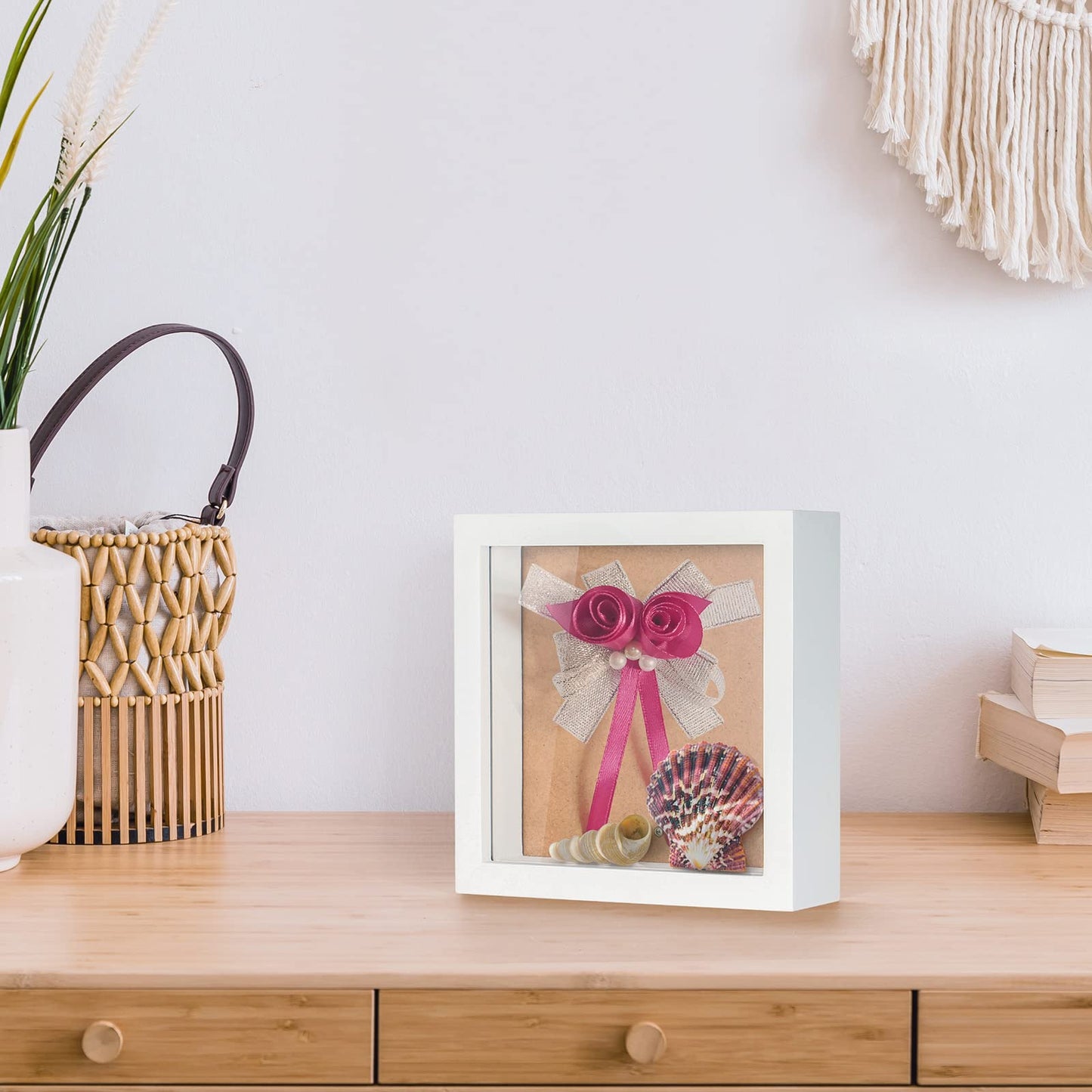 Small Shadow Box Frame 5 x 5 Shadowbox Display Case Wooden Picture Frame with Glass Wedding Memorabilia Medals Photos for Wall and Tabletop - White