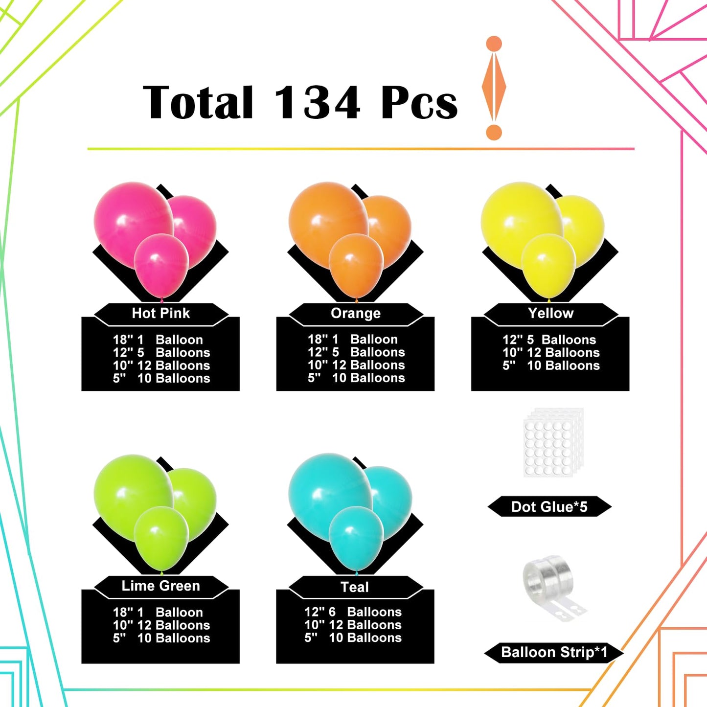 Lukiituke Tropical Balloon Arch Kit, 134Pcs Summer Balloons, 4Sizes Hot Pink Yellow Orange Lime Green Teal Rainbow Balloon for Summer Hawaiian Birthday Pool Party Decorations