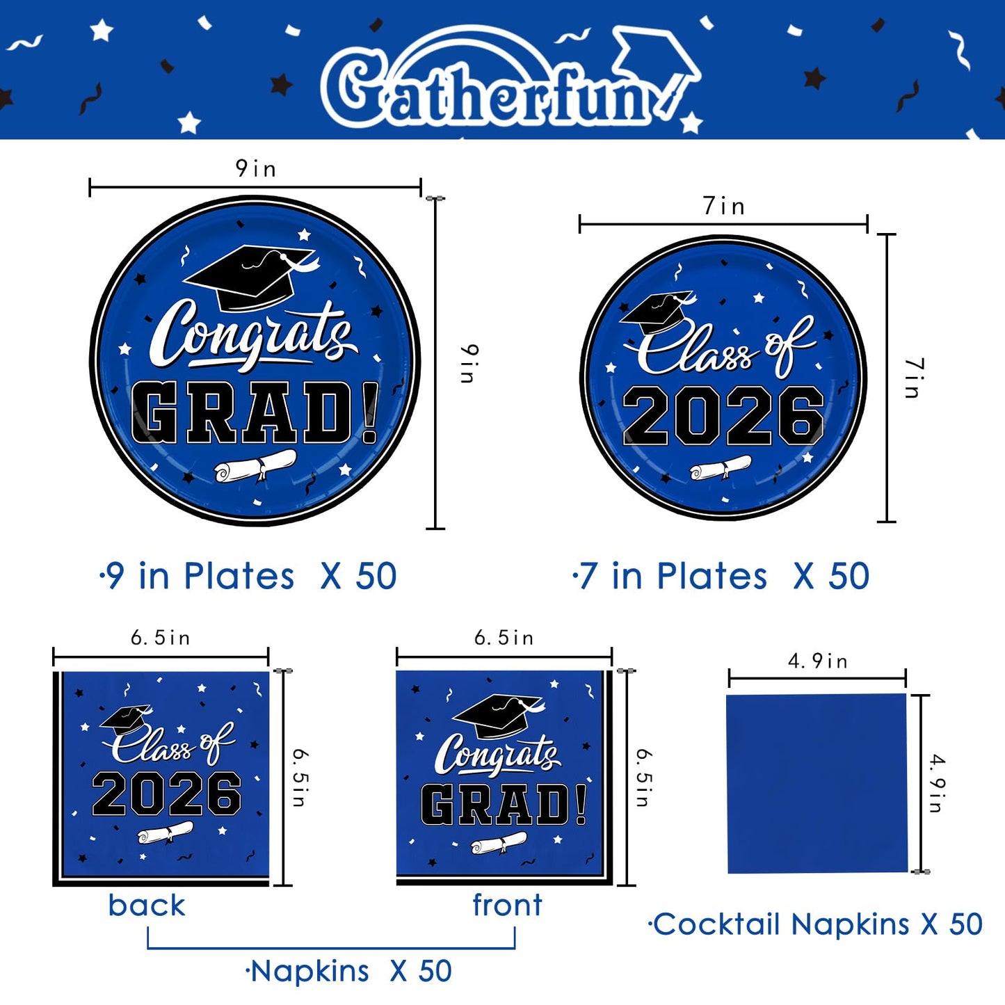 Gatherfun Graduation decorations 2026 Graduation Plates and Napkins Blue Disposable Paper Plates Luncheon Napkins Cocktail Napkins for Congrats Grad Party Decorations, Serve 50