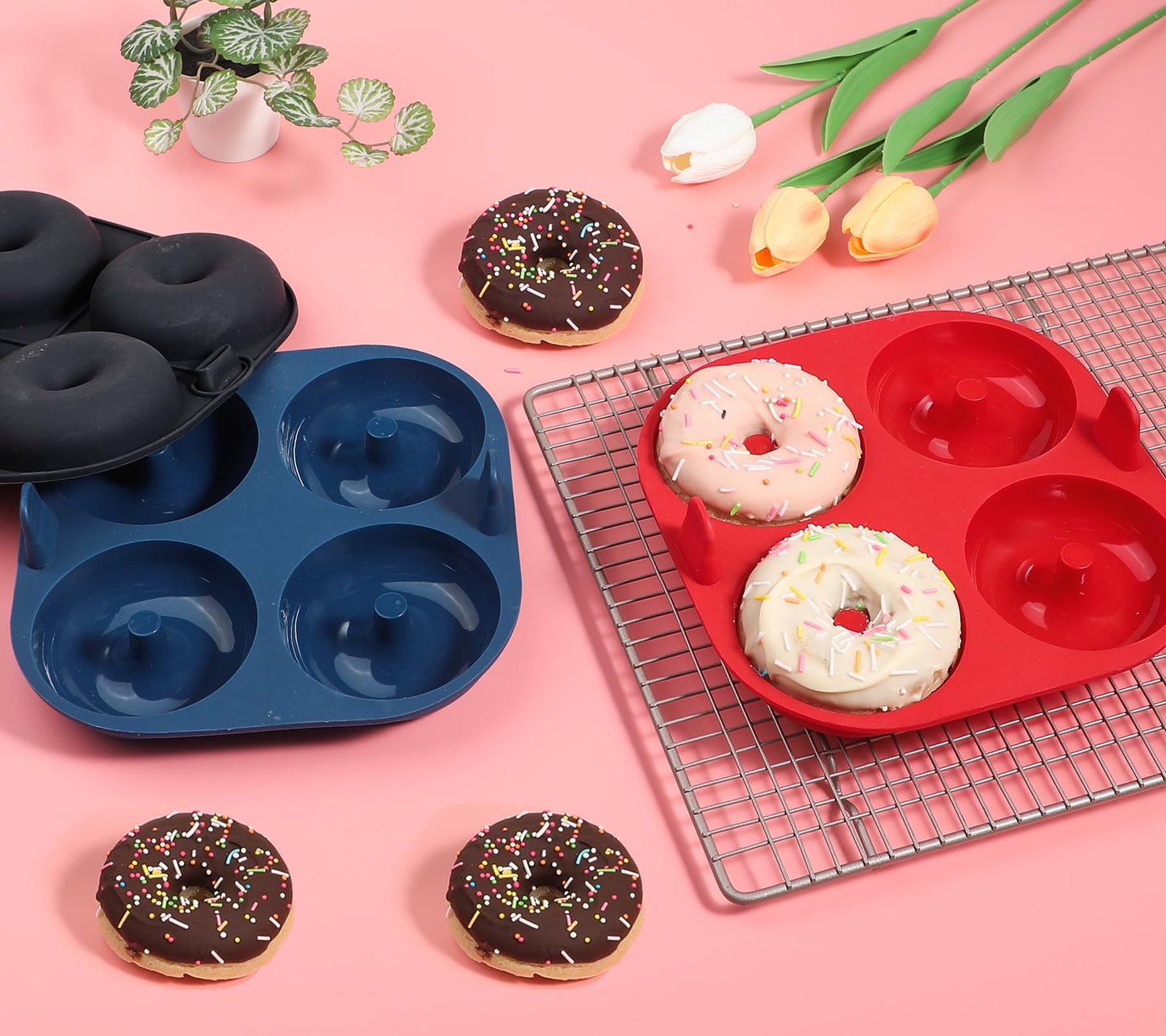 Webake Silicone Air Fryer Donut Pan for Baking, 4-Cavity Donut Pans Nonstick Donut Mold, BPA-Free, Dishwasher Safe, Set of 3