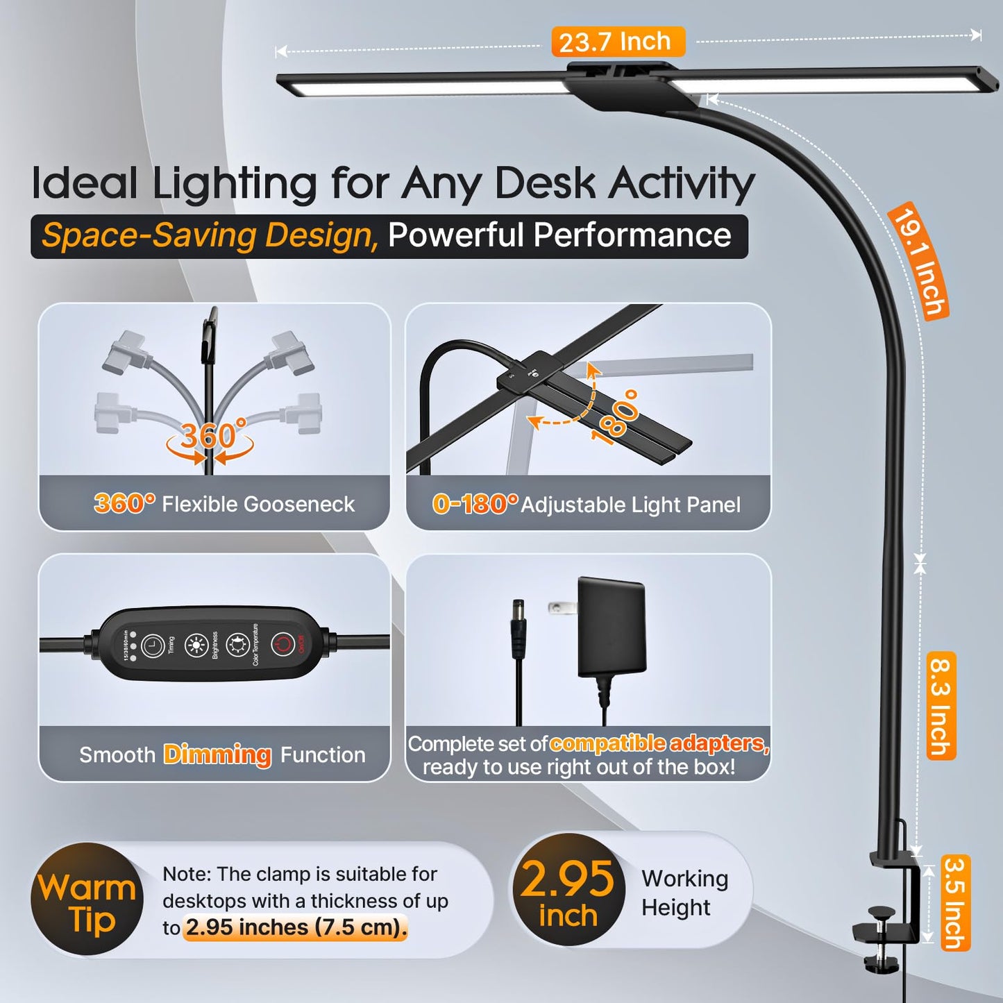 Syrinx LED Desk Lamp for Office Home – Eye Caring Dual Head Desk Light with Flexible Goose-Neck, Clamp, Motion Sensor/Wired Control, 50 Lighting Modes with Memory/Timer, Table Lamp for Study, Drafting