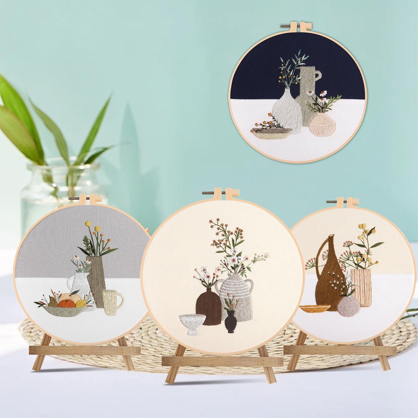 Maydear 4 Sets Embroidery Kit,Embroidery Kit for Beginners Adults, Punch Needle Kit Cross Stitch Kits with Embroidery Hoop and Instructions,Hand Embroidery Starter Kit (vase)