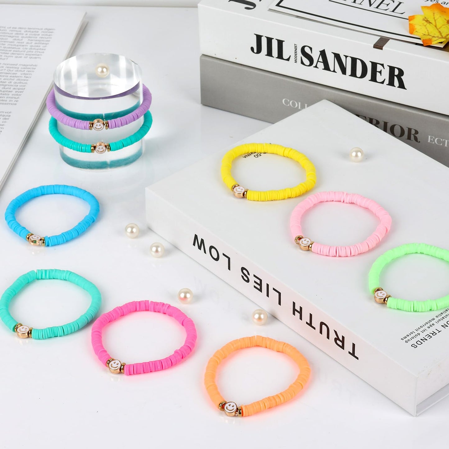 JIASHUYEYE Smile face Preppy Bracelets for Teen Girls - Stackable Boho Surfer Friendship Bracelets Set for Little Girls & Women