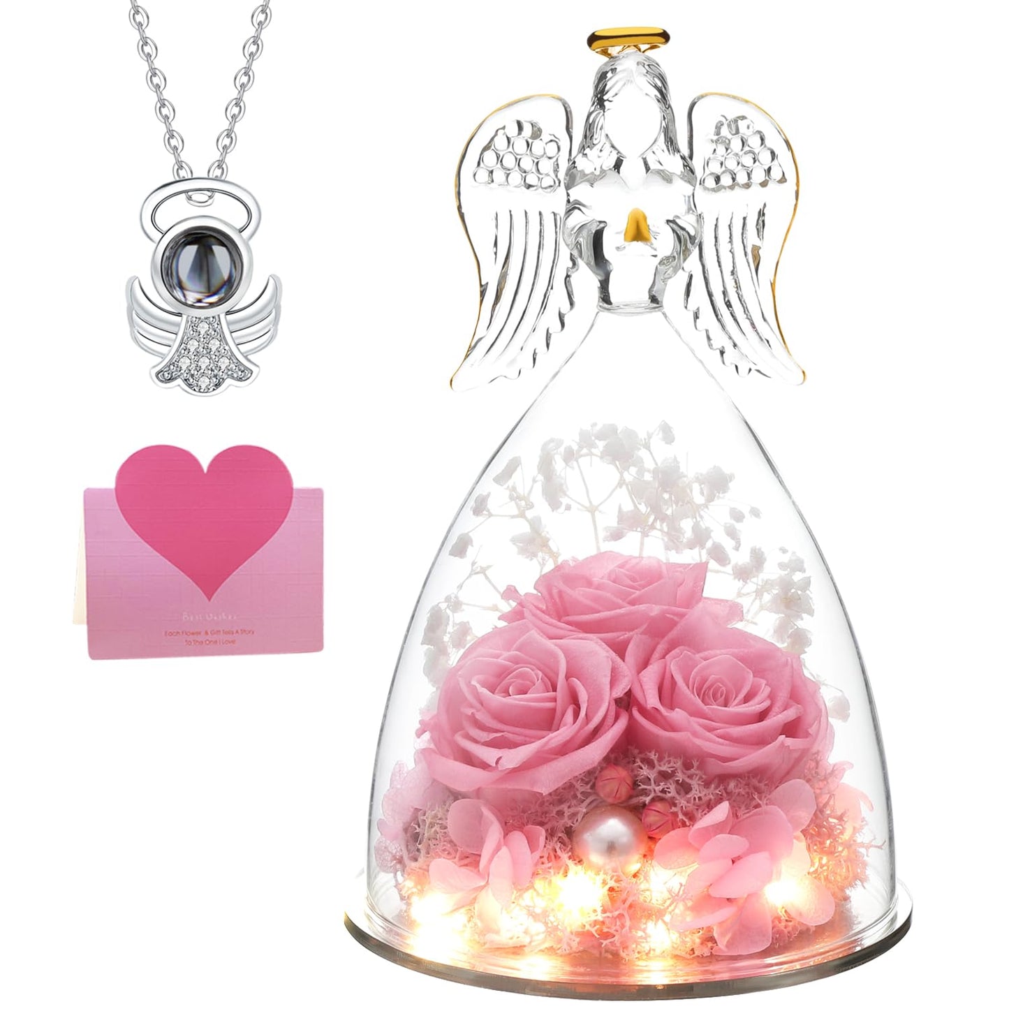 Mothers Day Birthday Gifts for Her Preserved Real Rose in Angel Glass Crystal Angel Figurines