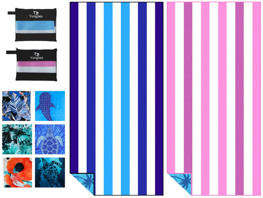Yongoes 2 Pack Microfiber Lightweight Thin Beach Towel Sand Free Quick Dry Super Absorbent Large Towels for Swimming Pool Yoga Gym Travel Vacation Beach Accessories Essentials Stripes