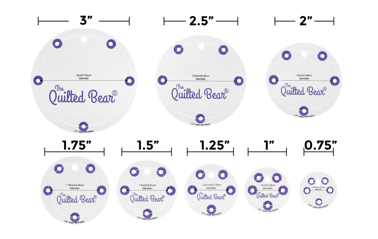 The Quilted Bear Circle Quilting Templates – 8 Clear Non-Slip Acrylic Quilt Templates for Precise Fabric Cutting & Stress-Free Machine Quilting - Ideal for Quilt & Sewing Supplies (¾–3")