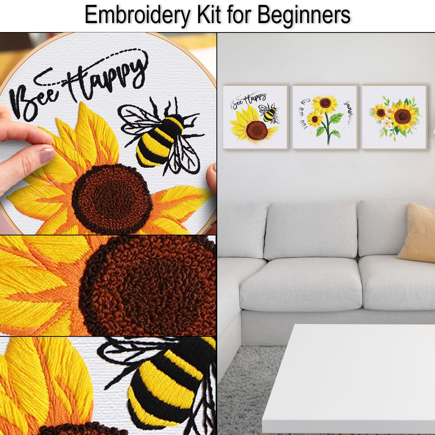 Louise Maelys 3 Sets Sunflowers Embroidery Kit for Beginners,Cross Stitch Kits for Adults with Summer Flowers Bee Stamped Pattern,Starters Needlepoint with Embroidery Instruction
