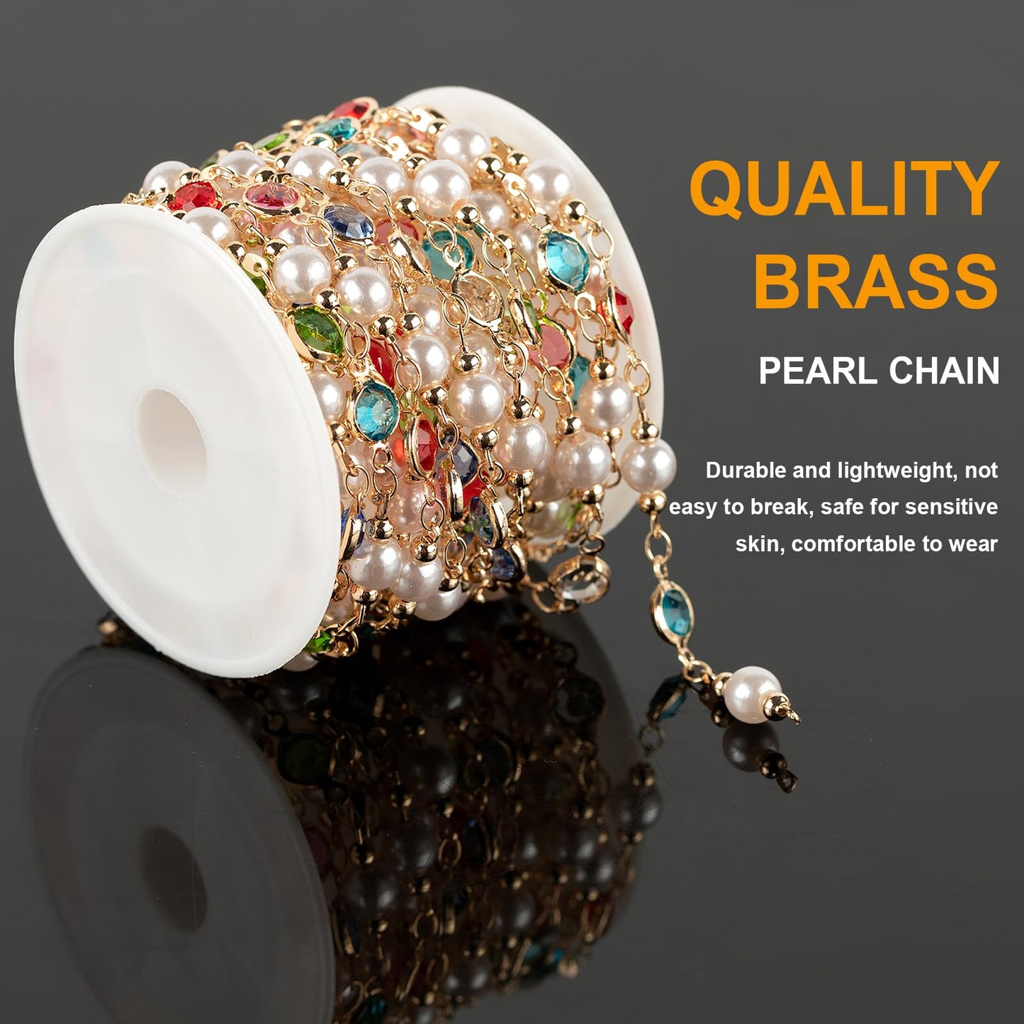 KYUNHOO 3M Artificial Pearl Chains for Jewelry Making, Mixed Color Rhinestone Jewelry Chains Bulk with Jump Rings and Lobster Clasps Jewelry Supplies Findings