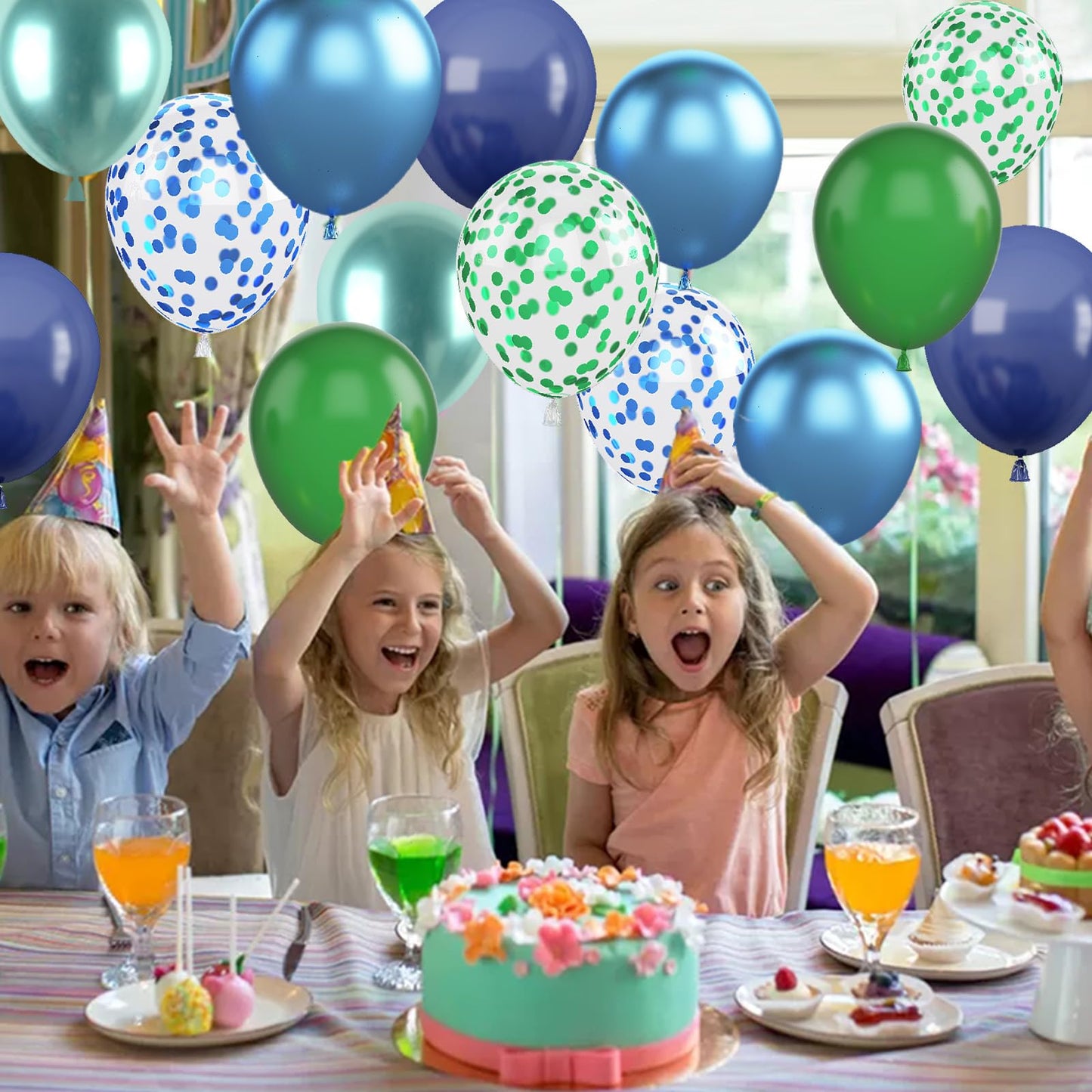 Blue and Green Balloon Set, 12 Inch Navy Blue Dark Green Balloon Metallic Chrome Green Blue Balloons, Confetti Green Blue Balloons for Jungle Safari Theme Boys Birthday Party Decorations