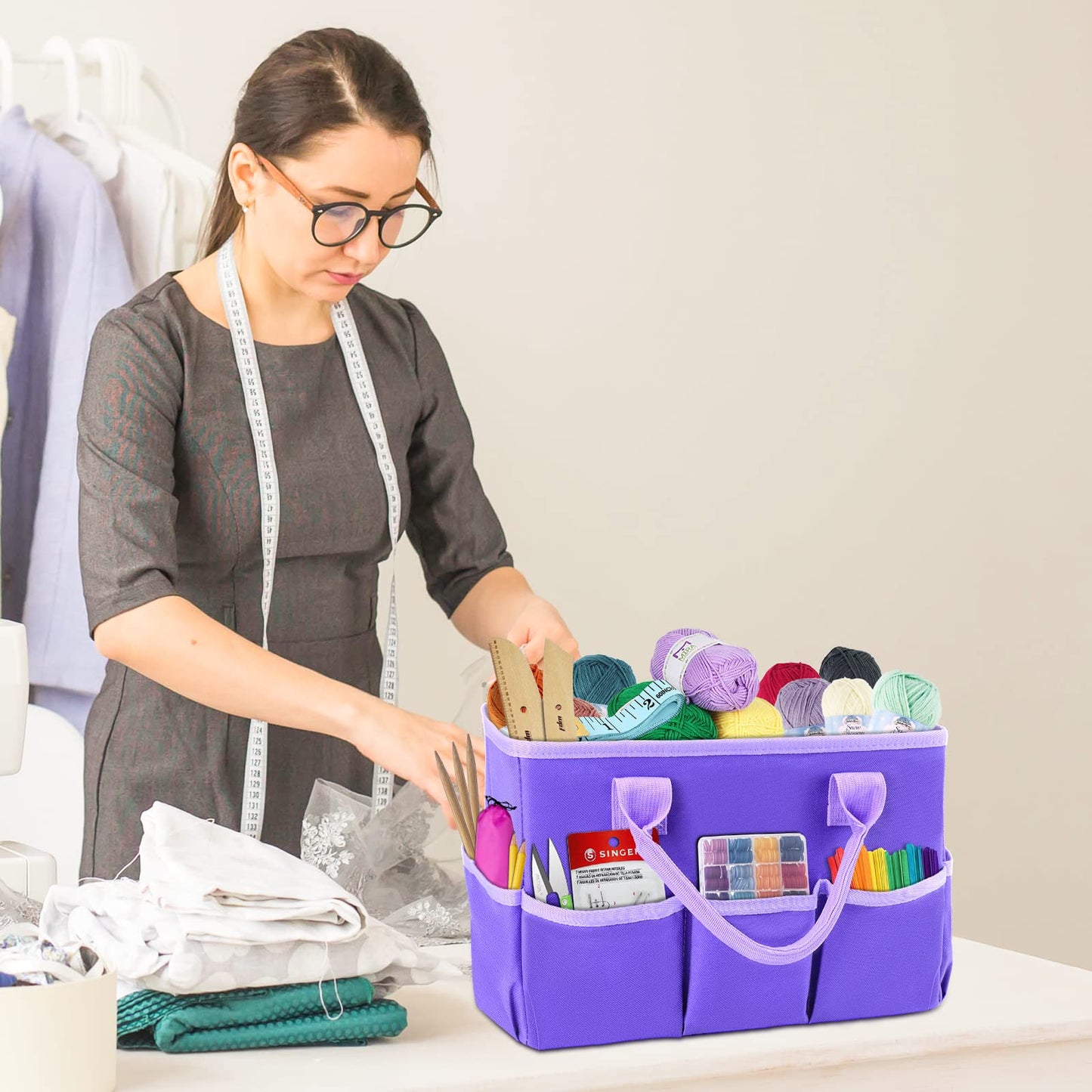 ZKOO Art Organizer Desktop Craft Storage Tote Bag Organizer for Crafts, Sewing, Paper, Art, Canvas, Supplies Storage Organization with Handles for Travel or Daily Use (Purple, Small)