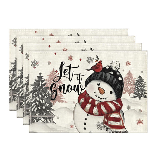 Let It Snow Snowman Christmas Placemats Set of 4, 12x18 Inch Winter Table Mats for Party Kitchen Dining Decoration