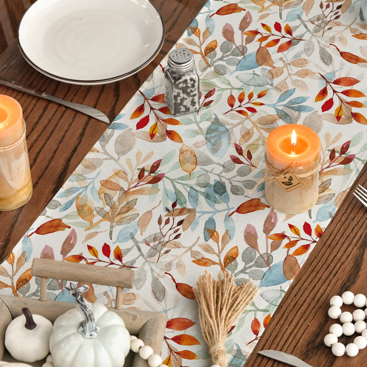 Beige Eucalyptus Leaves Fall Table Runner, Seasonal Autumn Kitchen Dining Table Decoration for Outdoor Home Party 13x108 Inch