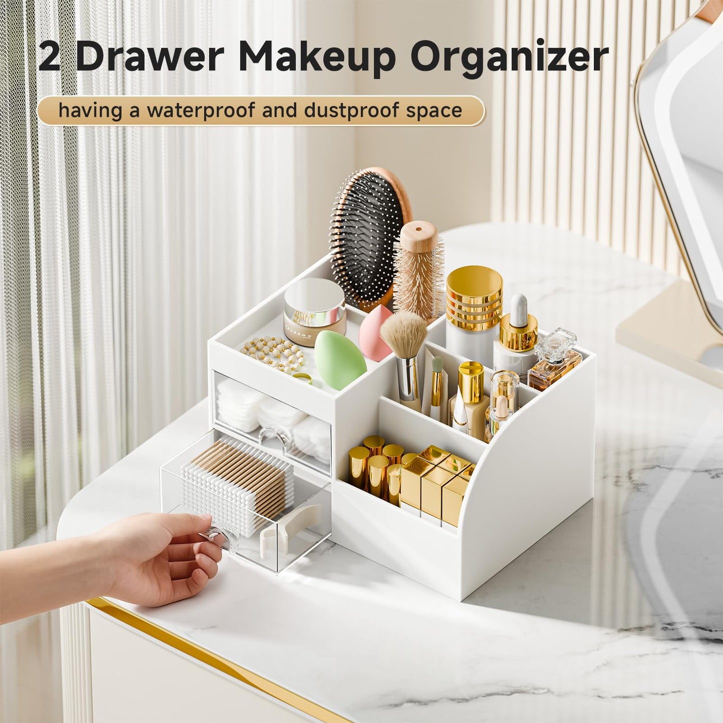 Makeup Organizer with 2 Drawers, Makeup Organizers Countertop for Vanity and Bathroom, Make up organization and Skincare Storage with Brush Holder, for Dresser, Desktop, Cosmetic Display Case (White)