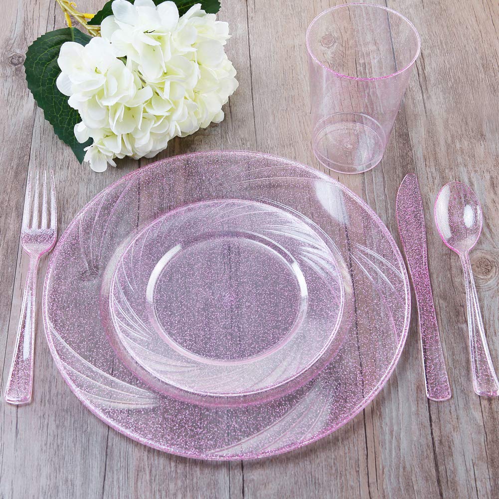 WDF Rose Gold Pink Plastic Plates with Pink Plastic Silverware include 40 Dinner & Salad Plates, 40Forks, 40 Knives, 40 Spoons for Wedding/Party/Valentine's Day