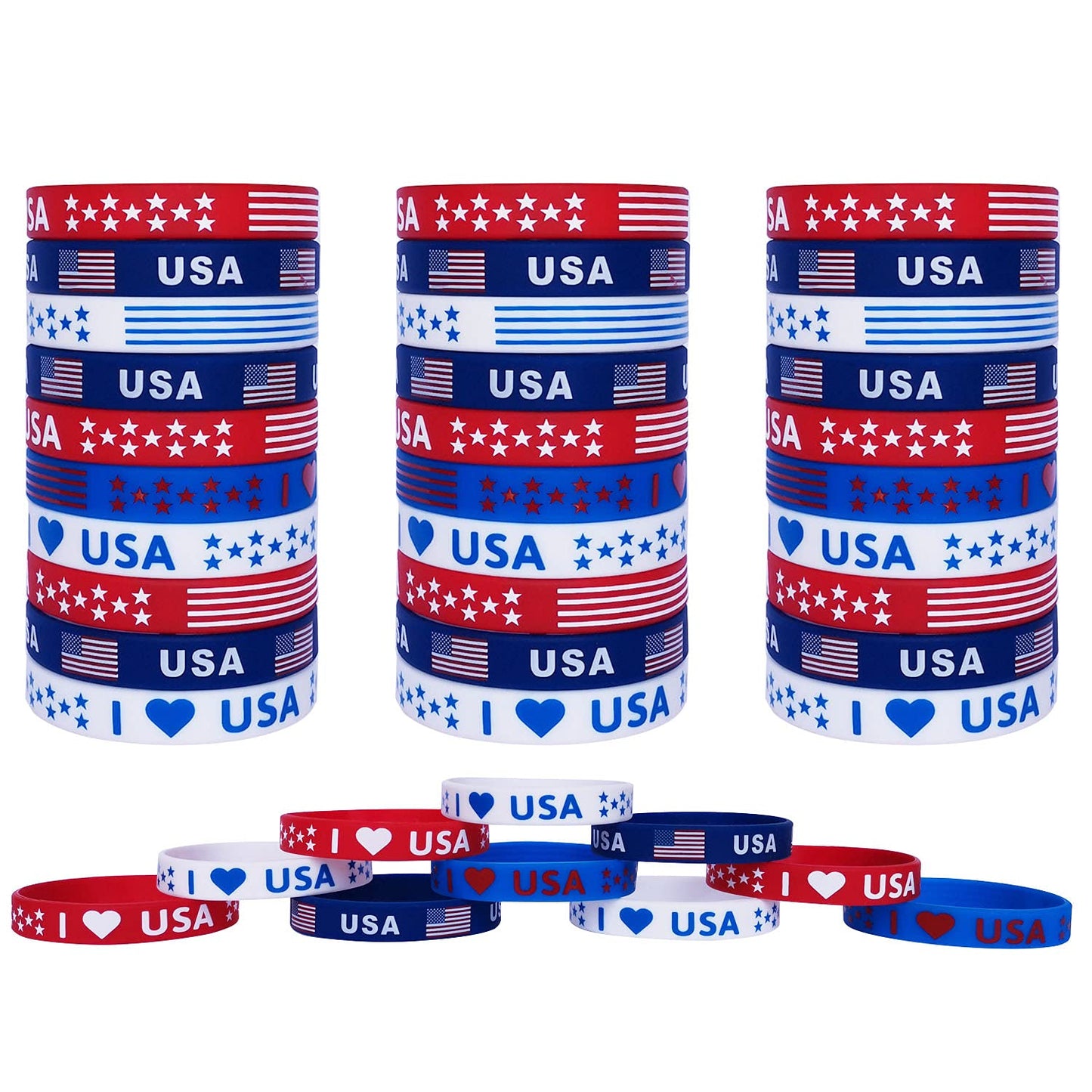 JAKADYUKS American Flag Silicone Bracelet 40Pcs, Fourth 4th of July Patriotic Party Favors, Memorial Day Veterans Day Wristband, USA Red White and Blue Decorations