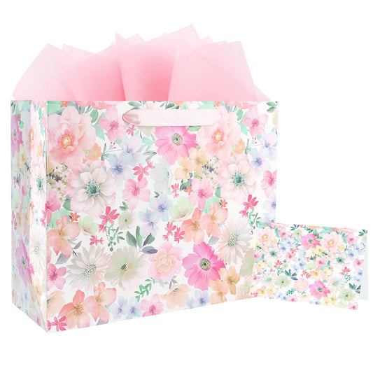 13" Large Size Floral Gift Bag Floral Flower Pattern Vintage Gift Bag with Greeting Card Tissue Paper for Girls Women Birthday Mother's Day Valentine's Day Anniversary Wedding Spring Supplies