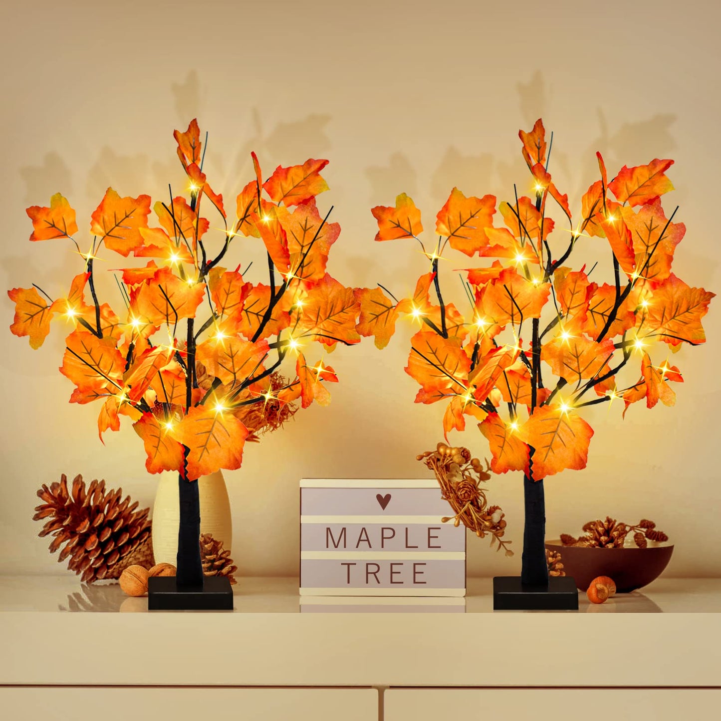 2 Pack 24-inch Fall Lighted Maple Tree, 48 LED Lights, Thanksgiving Decoration Table Tree, Battery Operated DIY Artificial Tree, Centerpieces Decor Tree for Home Desktop Autumn Harvest Tabletop Indoor
