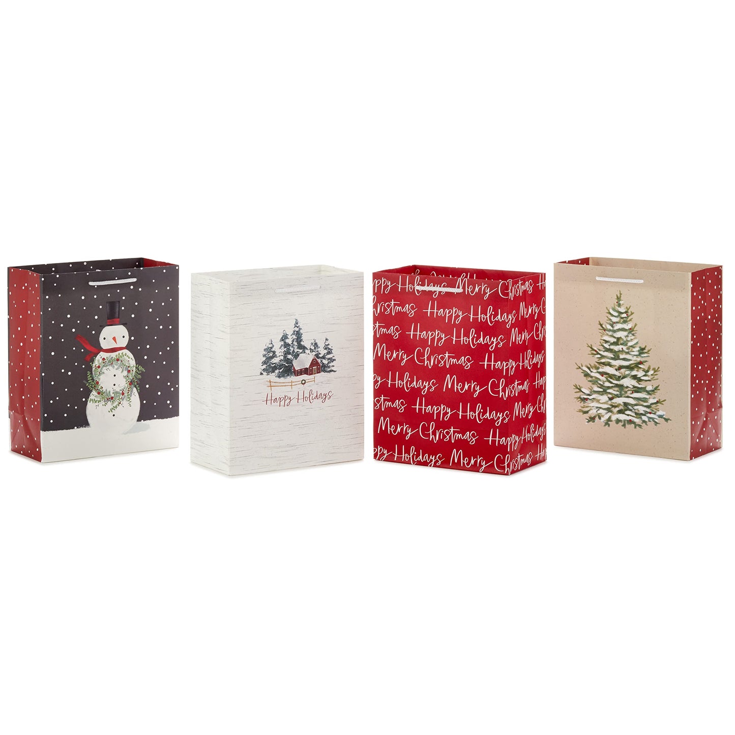 9" Medium Christmas Gift Bags (4 Bags: Snowy Tree, Rustic Farmhouse, Snowman, "Merry Christmas") in Gray, Red, White, Brown