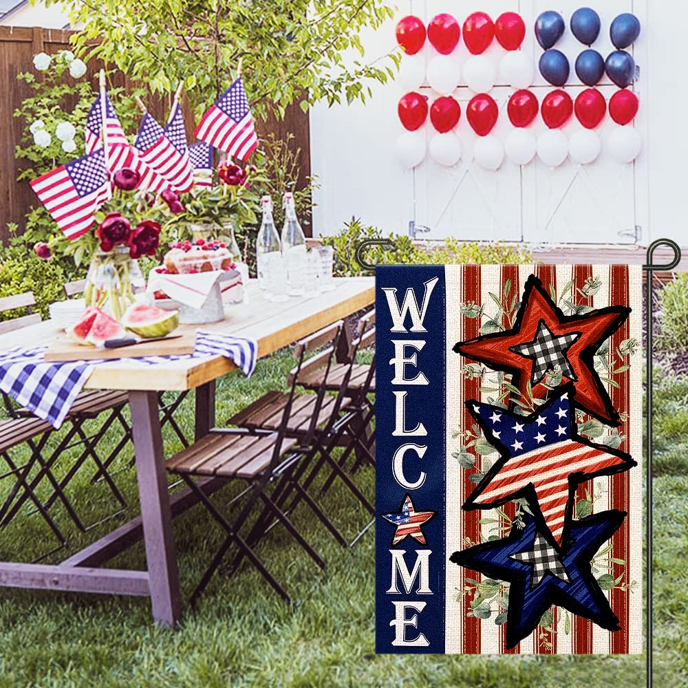 Independence Day 4th of July Garden Flag Burlap 12x18 Inch Double Sided, Patriotic American Stars and Stripes Yard Outdoor Decor DF304