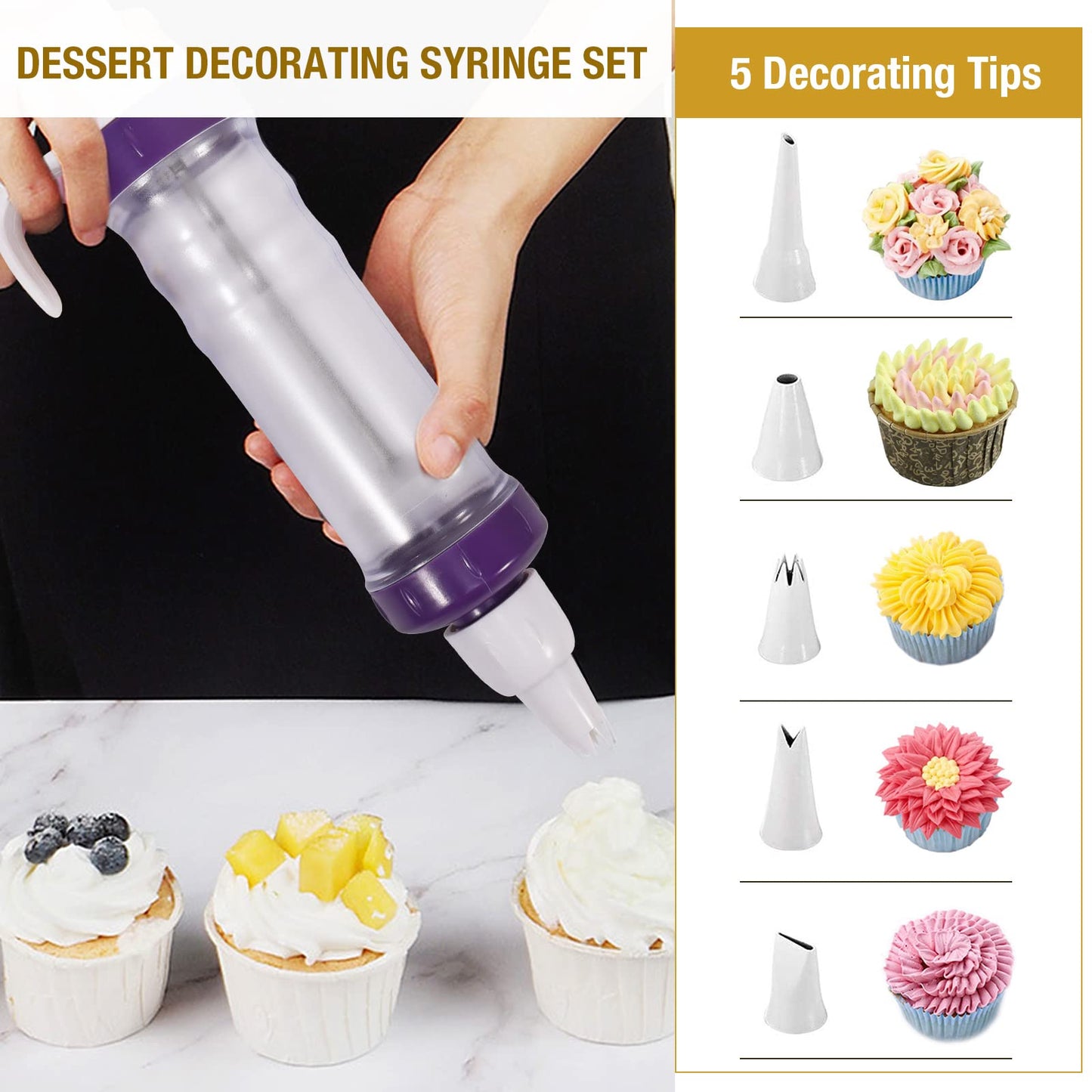 Dessert Decorating Syringe Set, Icing Dispenser Cupcake Filling Injector, 7 Icing Nozzles, 3 Cream Scrapers Frosting Making Dessert Cream Piping Syringe Nozzles Kits for Cake Cookies Decoration