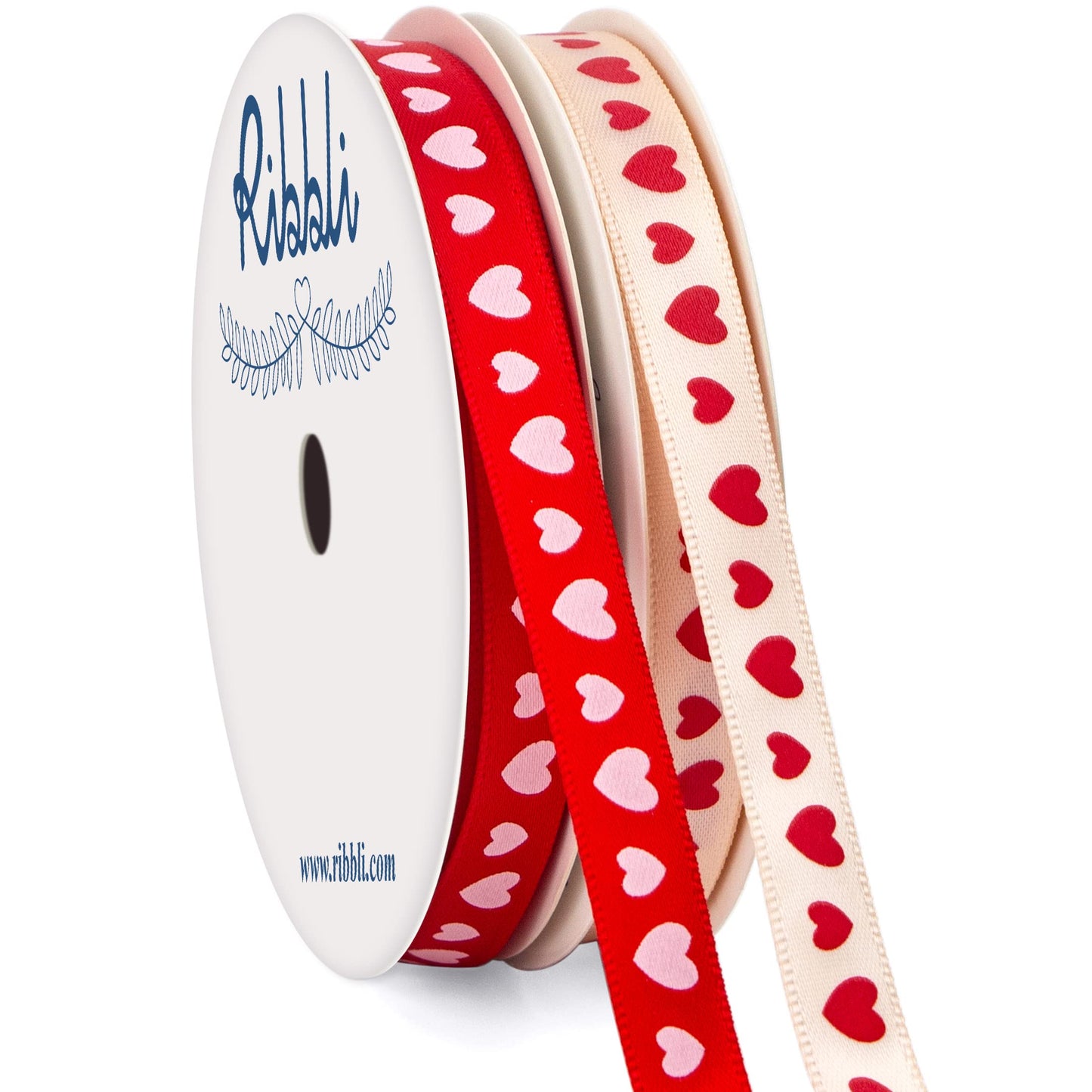 Ribbli Valentine’s Day Ribbon,2 Rolls Heart Satin Ribbon Use for Valentines Day Craft,Gift Wrapping,Home Decor,3/8 Inches Total 20 Yards,Red/Pink/Cream
