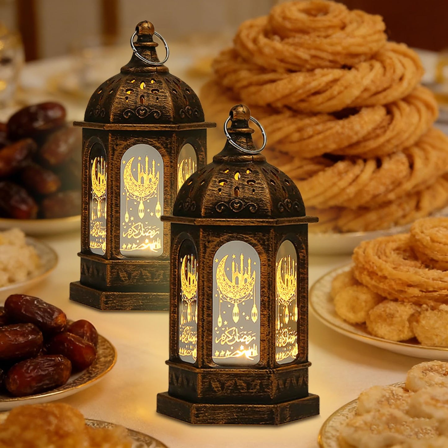 Ramadan Decorations, Ramadan Lantern Lights with Islamic Moon Star Decorations, Mini LED Hanging Lantern Decor, Eid Mubarak Decorations for Home Table Fireplace, Ramadan Eid Gifts 2 Pack