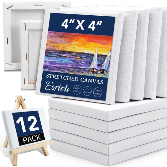 Mini Stretched Canvas 12 Pack 4x4inch, 2/5''Profile Art Primed Canvases for Painting, 100% Cotton Small Professional Stretched Canvas for Kids and Art Supplies,for Acrylics,Oils&Other Painting.