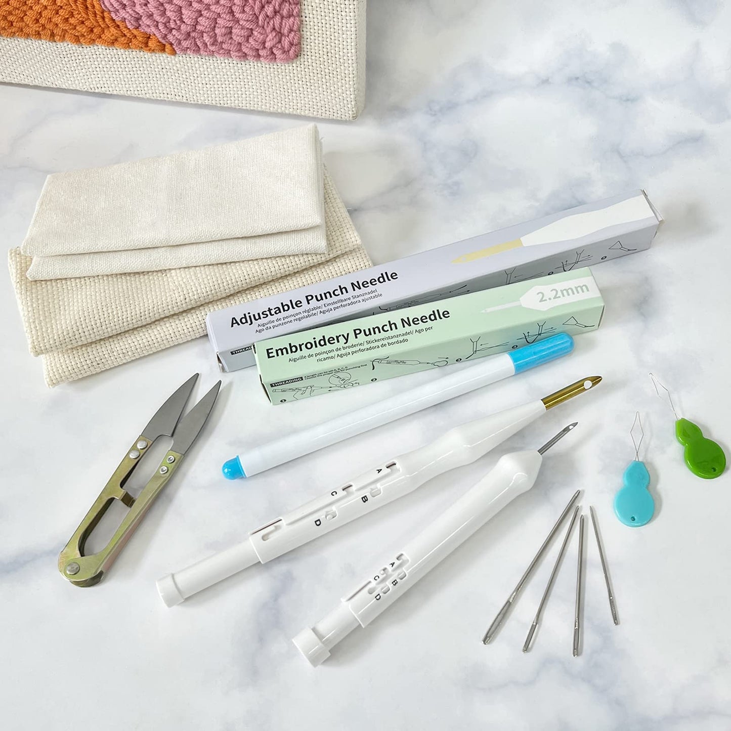 HAND U JOURNEY Embroidery Punch Rug Punch Beginner Kit, 2 Different Adjustable Punch Needle Tool with 9"x9" Monk's Cloth and Pita Cloth