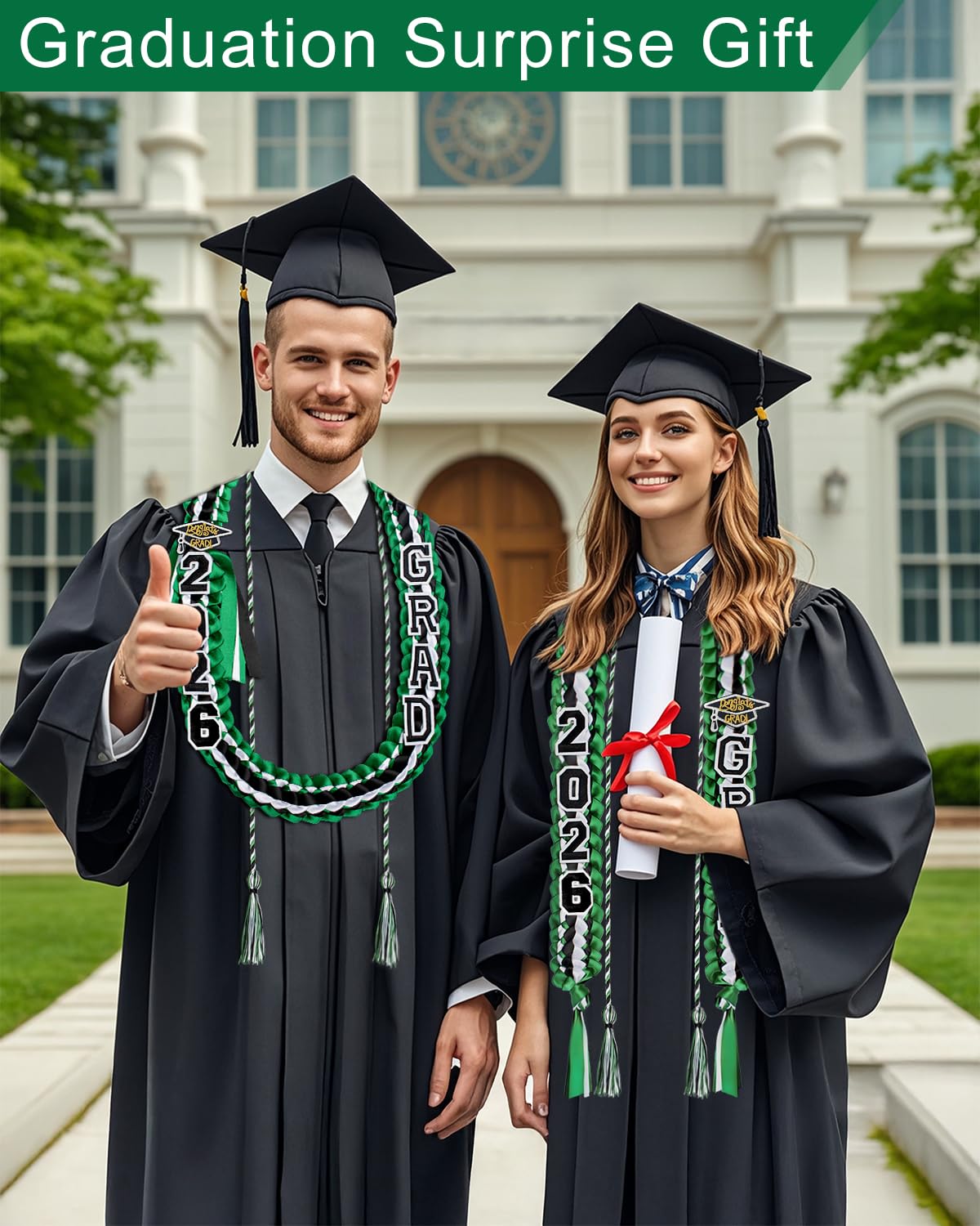 Yigney Graduation Lei Set Class of 2026 Grad Ribbon Leis with Honor Cord Double Braided Graduate Leis for Men Women Green Black White