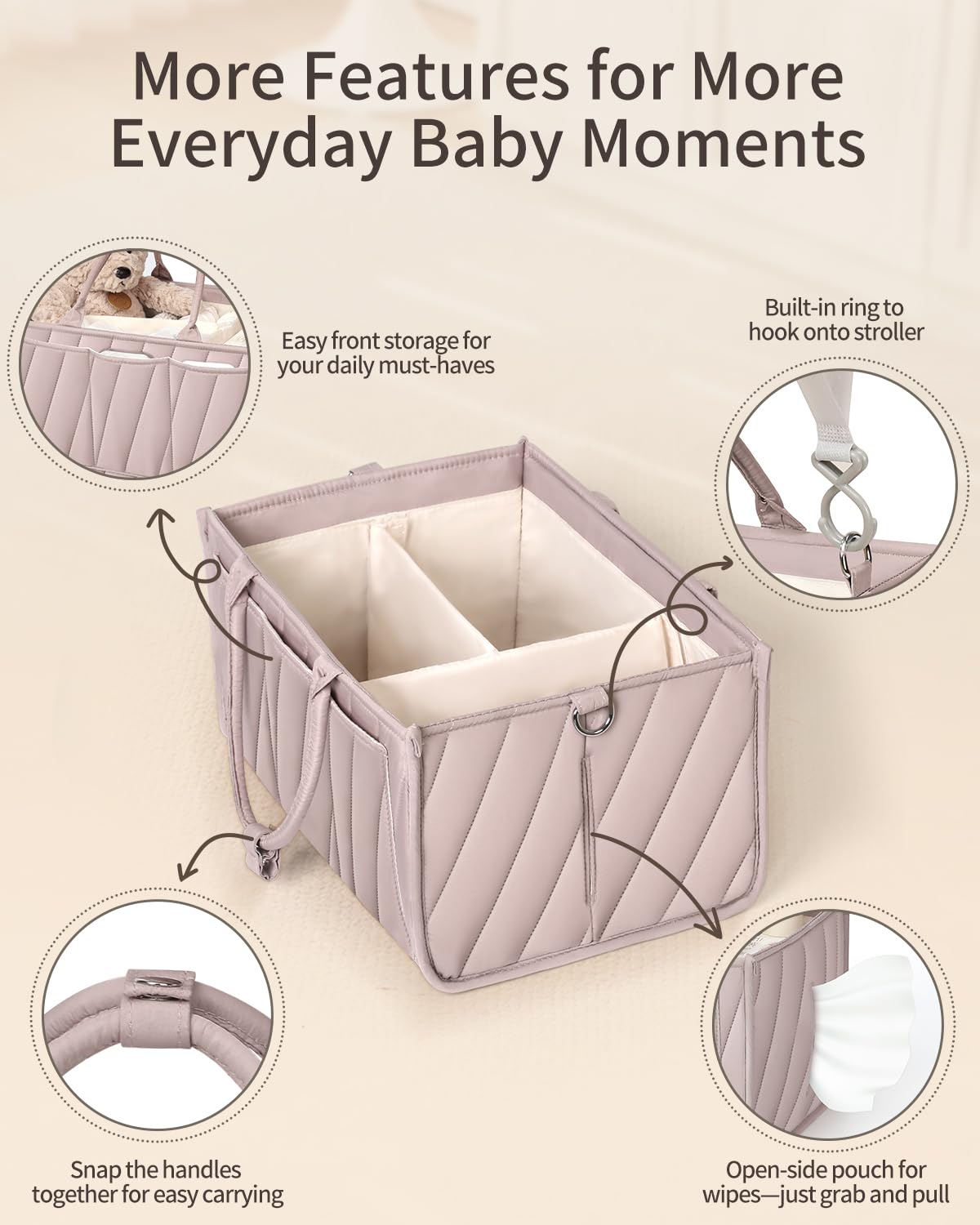 VKSAO Diaper Caddy Organizer – Portable Storage Basket with Shoulder Strap & Stroller Hooks, Splashproof Quilted Nursery & Car Tote, Gender Neutral Gift for Baby Shower, Smoky Gray