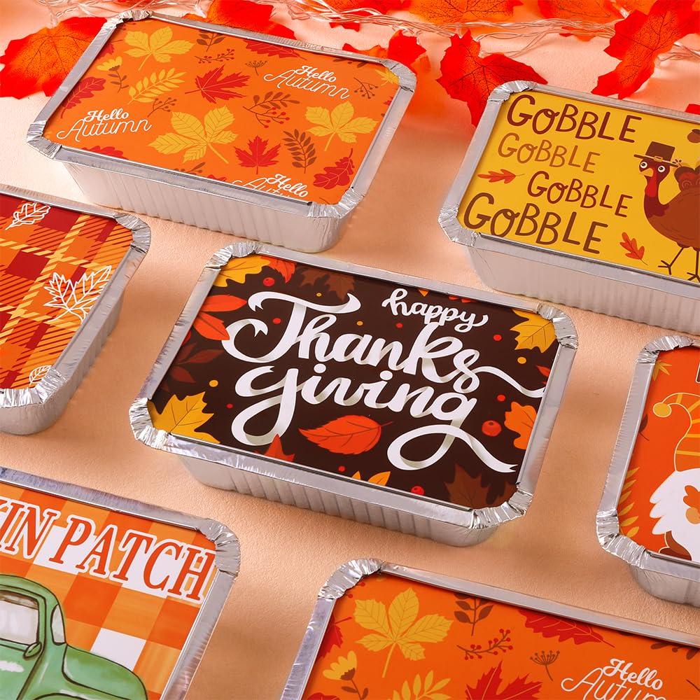 36PCS Thanksgiving Food Containers 9 Styles Fall Foil storage Containers with Lids Aluminum Disposable Leftover Cookie Tin Pans for Holiday Gift Giving Party Supplies