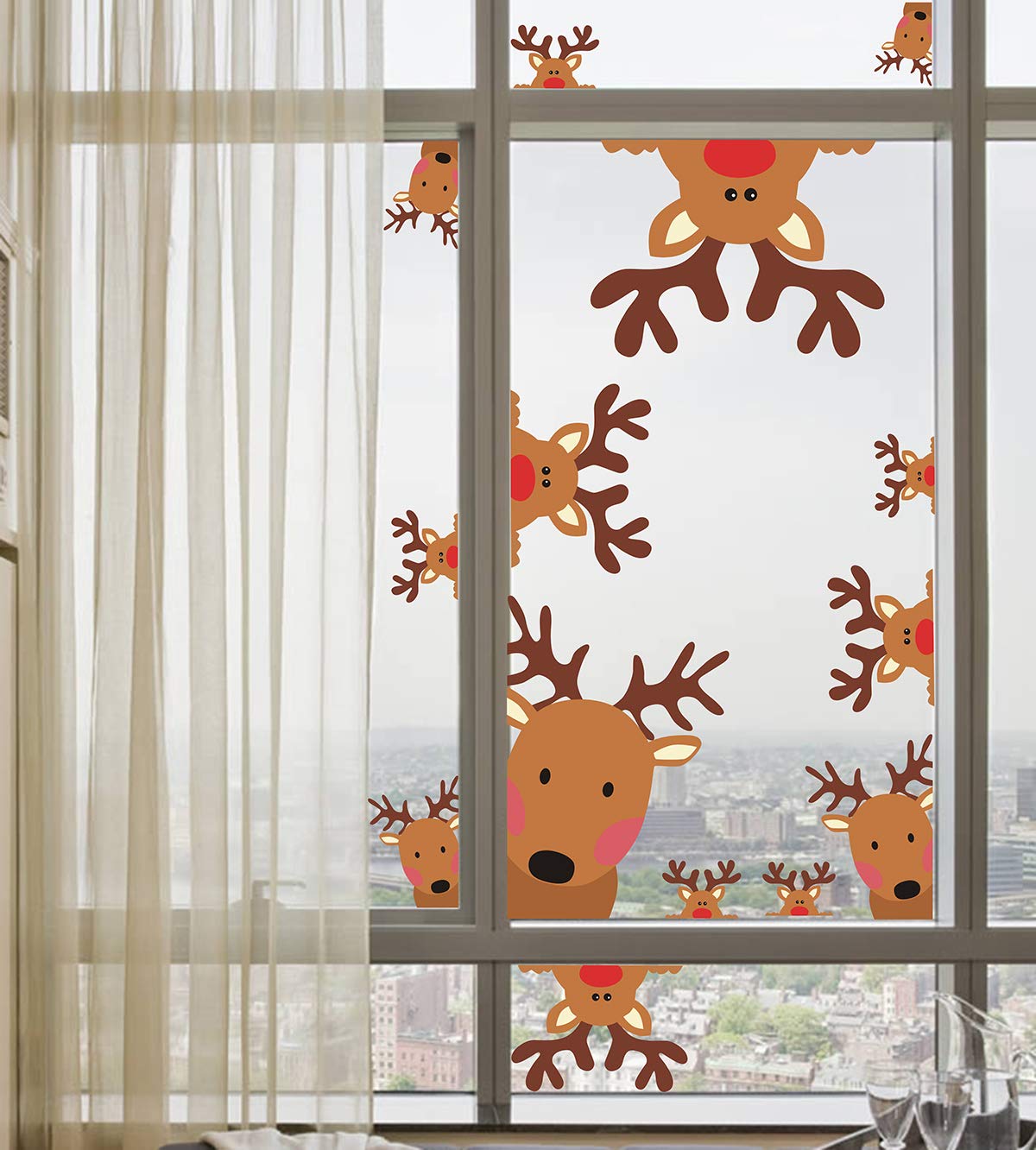 Reindeer Window Decals Double Sided Christmas Window Clings Stickers Xmas Rudolph Decals for Glass Windows Christmas Wall Decal Cartoon Deer Decal Car Sticker Xmas Party Supplies Indoor Home Decor