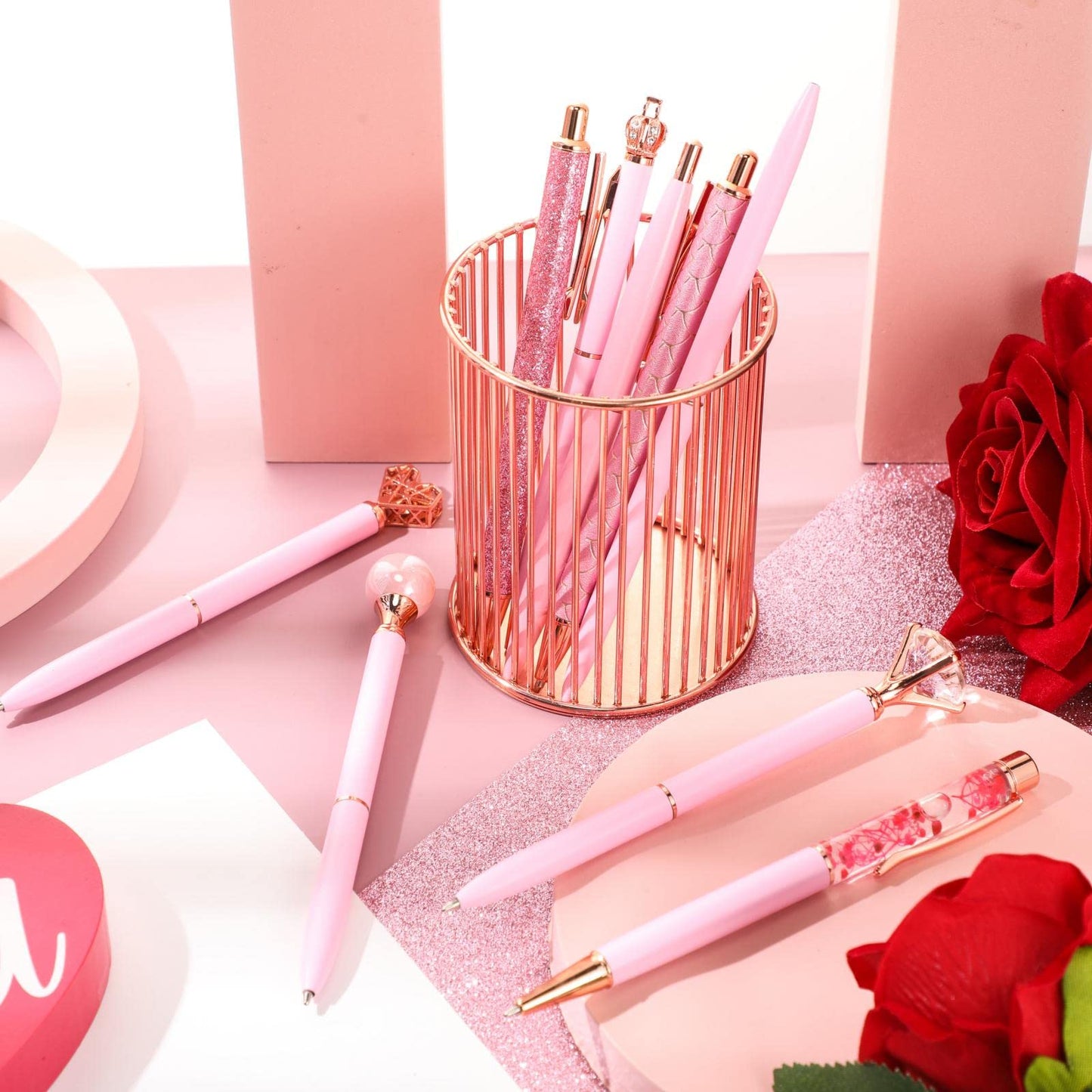 9 Pcs Ballpoint Pens Set Metal Crystal Diamond Glitter Pens for Journaling Black Ink Pretty Cute Things Fancy Stationery Gifts for Women Girls Birthday Home Office Desk(Pink)