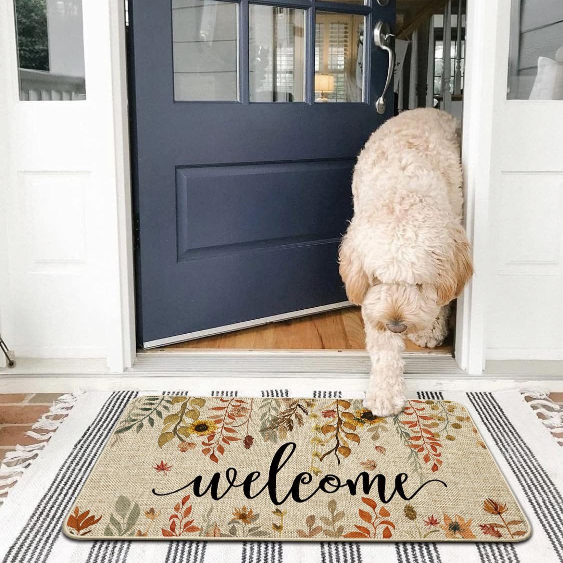 ORTIGIA Welcome Fall Doormat Eucalyptus Leaves Sunflowers Door Mats Indoor Outdoor Patio Non-Slip Durable Entrance FloorMat for Home, Outside, Yard, Patio 17x29.5 Inch