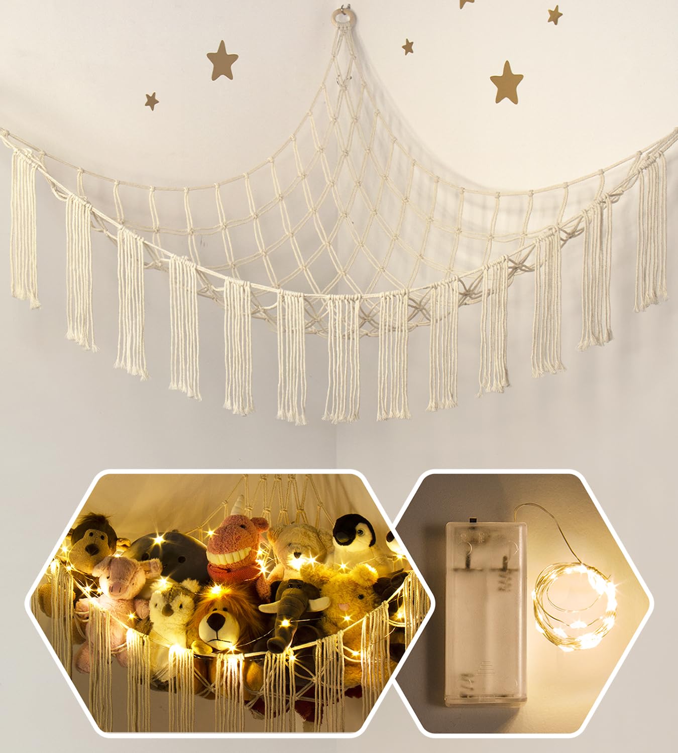 Stuffed Animal Hammock Corner Storage with LED Light - Toy Hammock Large Plushie Net - Stuffed Animal Holder Hanging Organizer - Teddy Bear Hammock Room Decorations Preppy Toddler Kids Room Decor